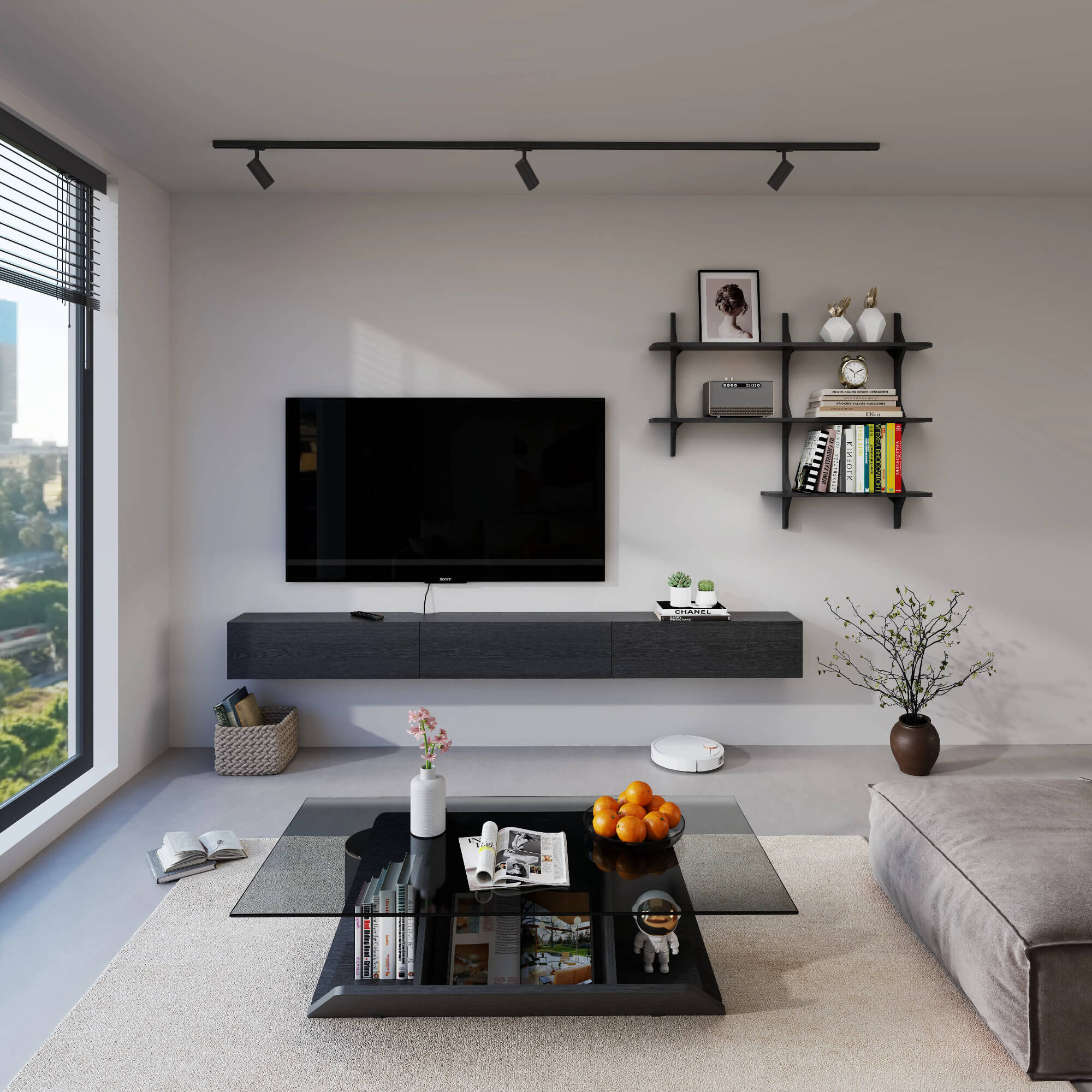 Linea 94.48" Floating TV Console & Shelf Set, Black