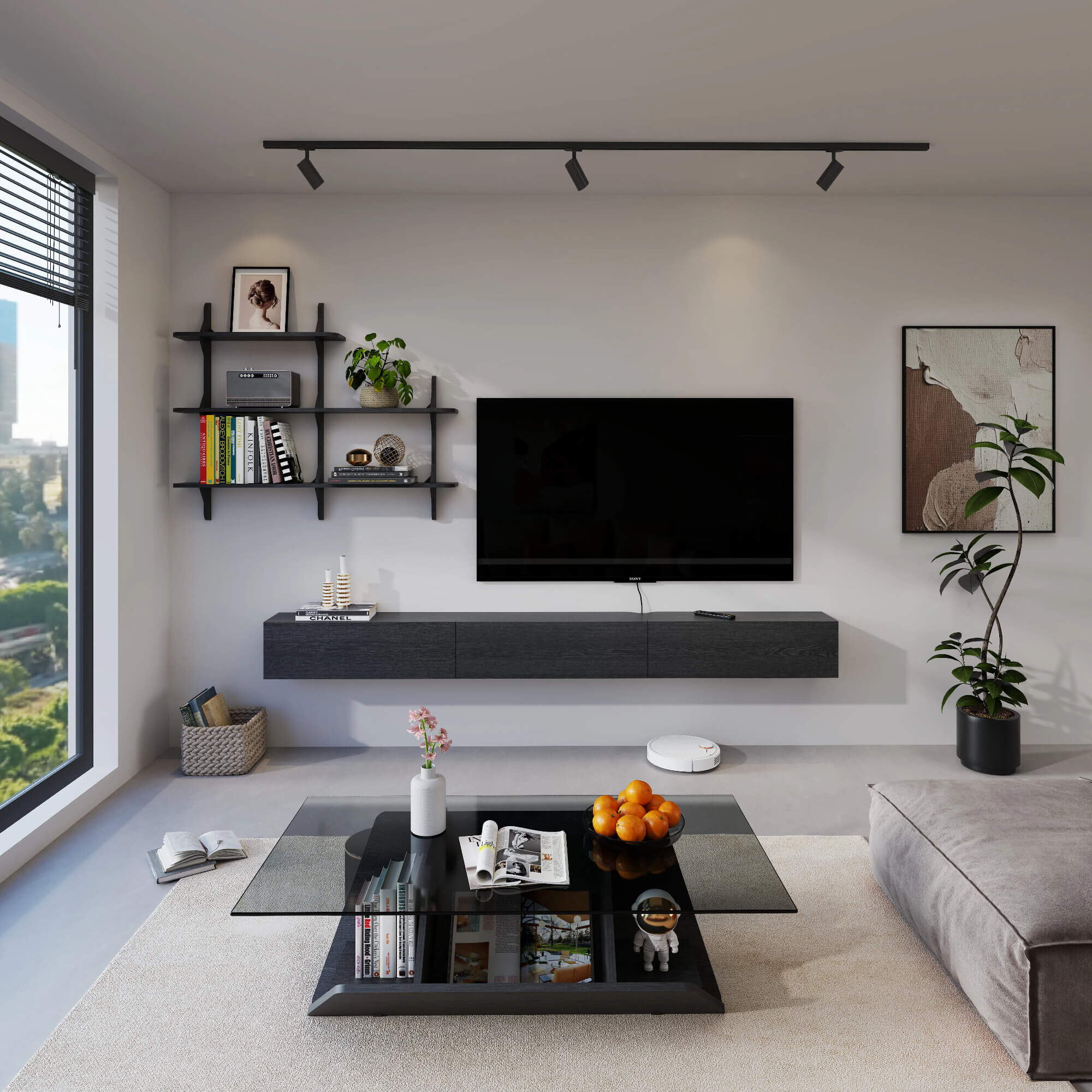 Linea 94.48" Floating TV Console & Shelf Set, Black