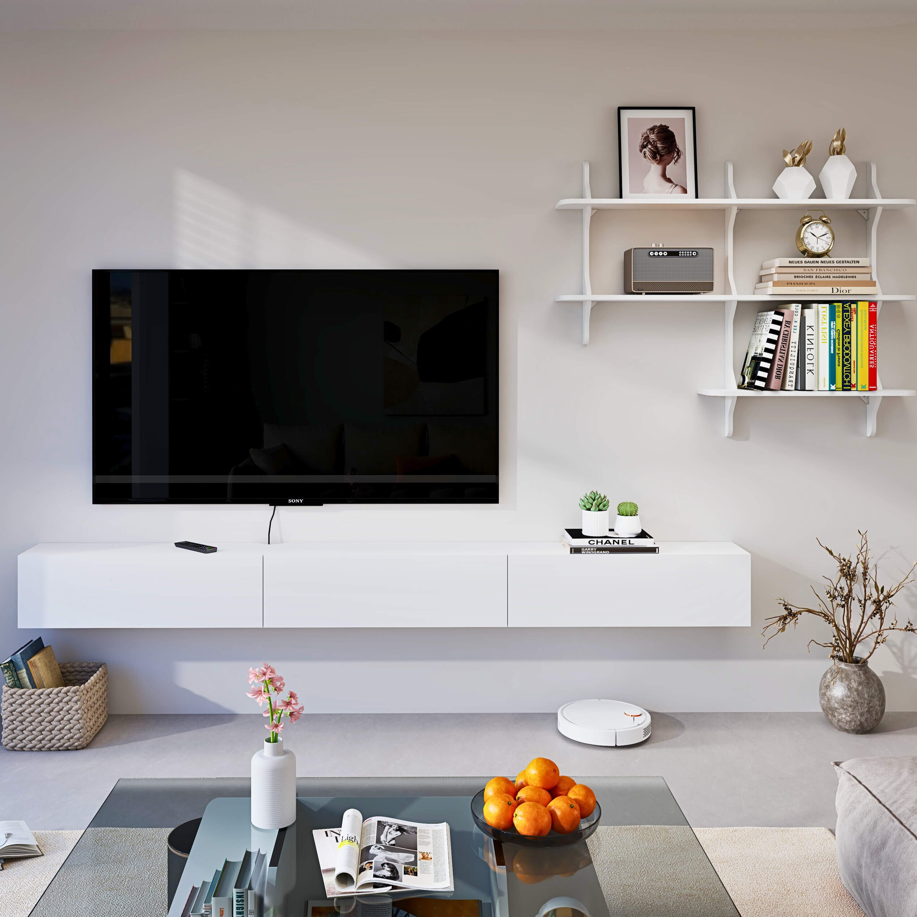 Linea 94.48" Floating TV Console & Shelf Set, White