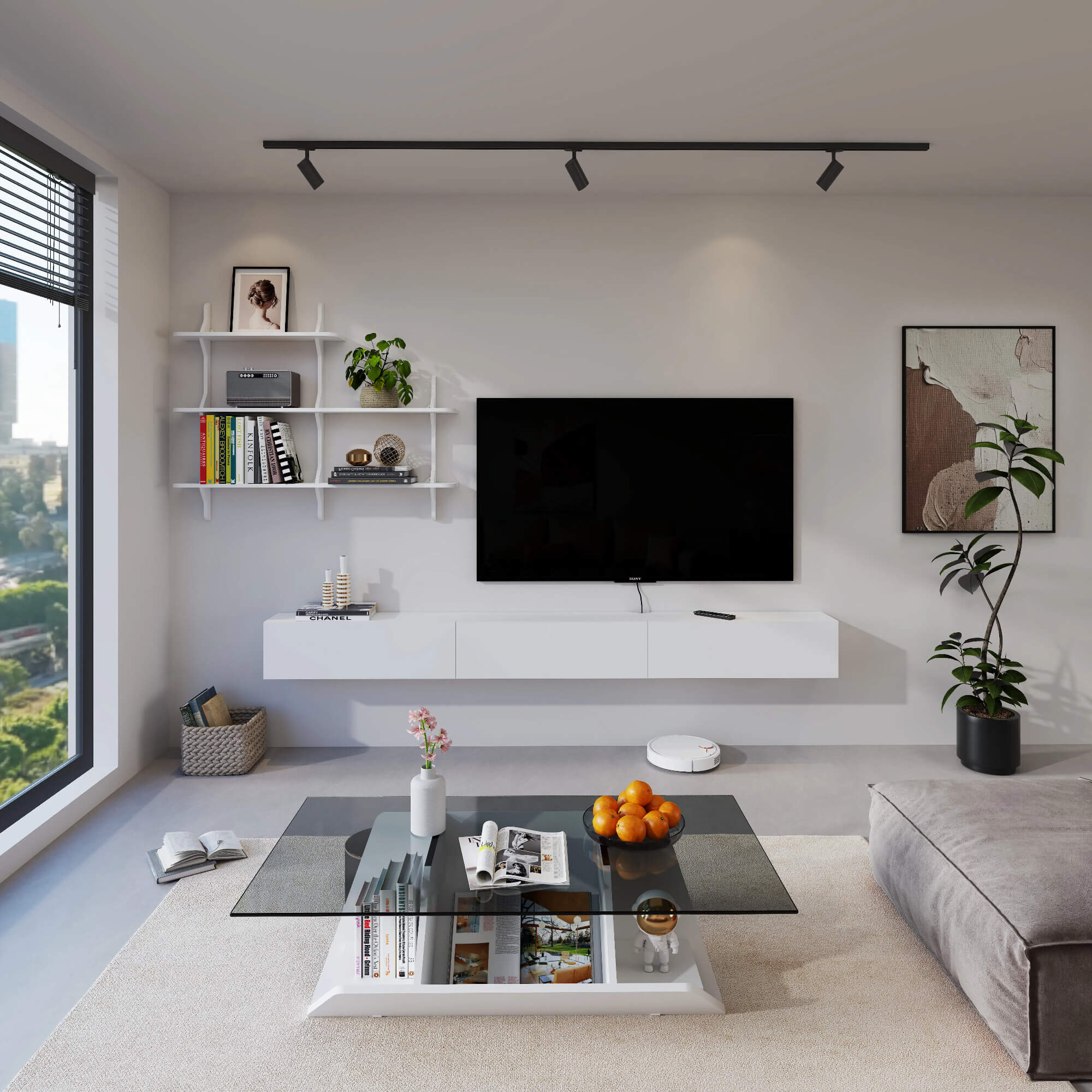 Linea 94.48" Floating TV Console & Shelf Set, White