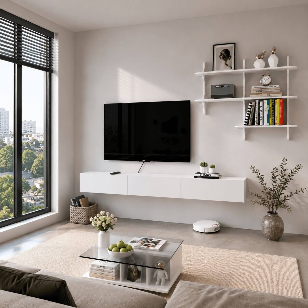 Linea 94.48" Floating TV Console & Shelf Set, White