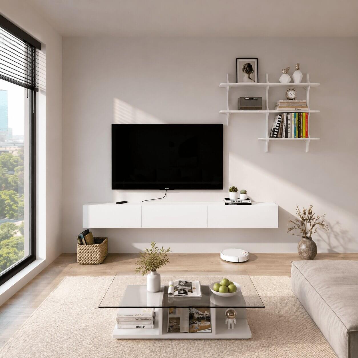 Linea 94.48" Floating TV Console & Shelf Set, White