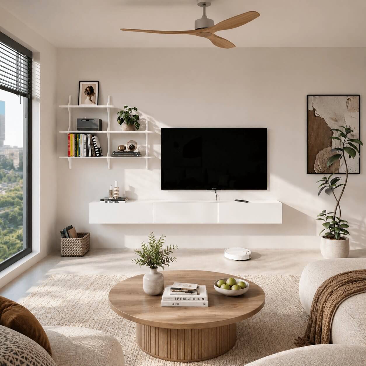 Linea 94.48" Floating TV Console & Shelf Set, White