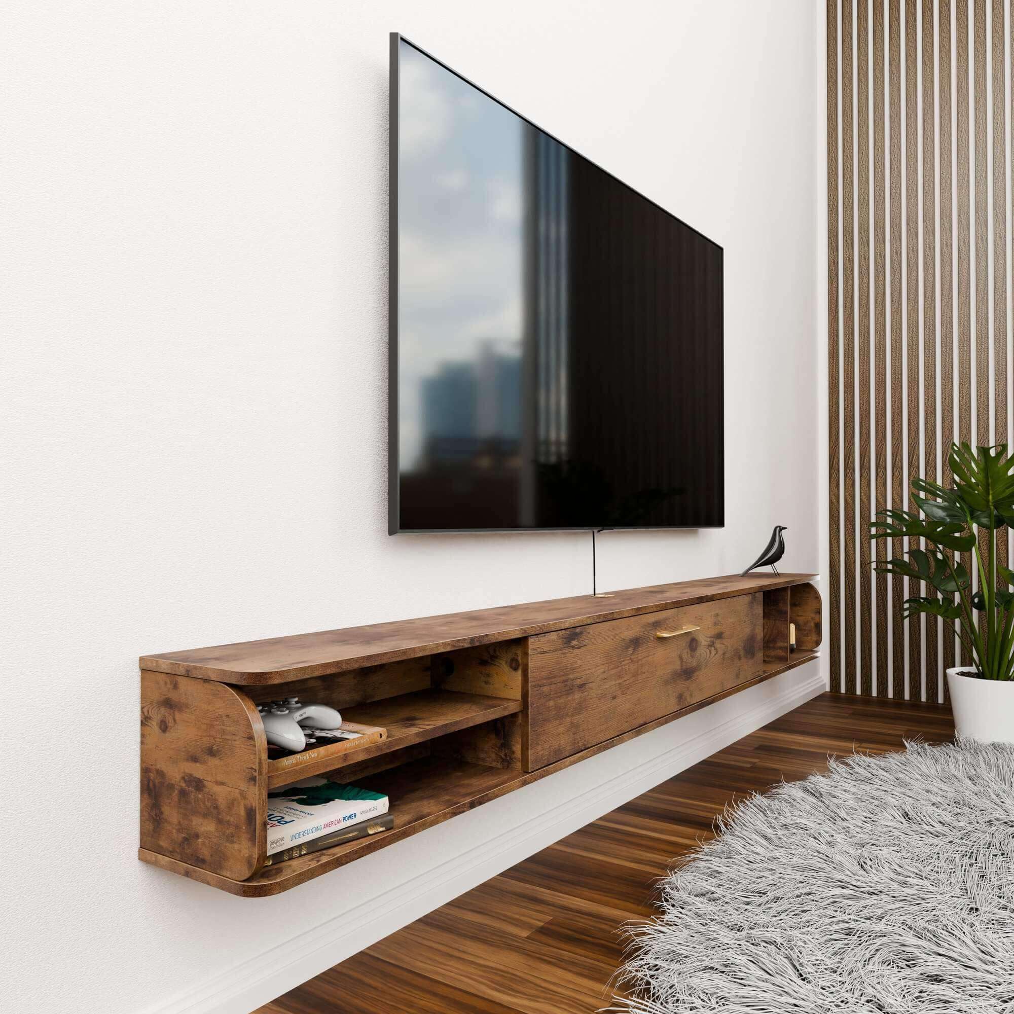Country Style Wood Floating TV Stand for 80” 85” Flat Screens, Modern Wall Mounted Media Shelf f with Storage Door Cabinet, Rustic Brown