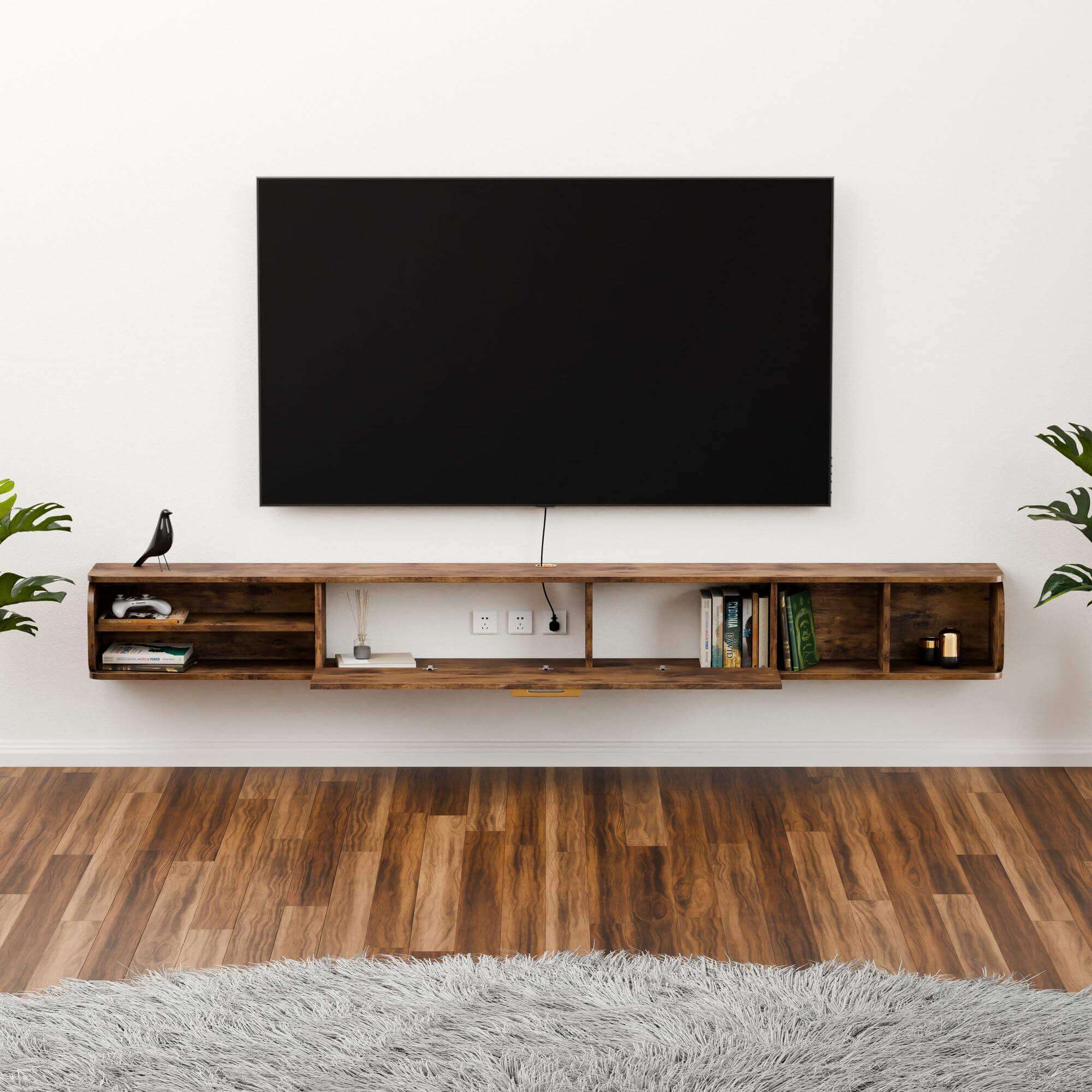 Dark Brown Narrow Wall Mounted Entertainment Center for 90” 100” TV, Floating Wood Shelf under TV with Cable Management to Hide Wires
