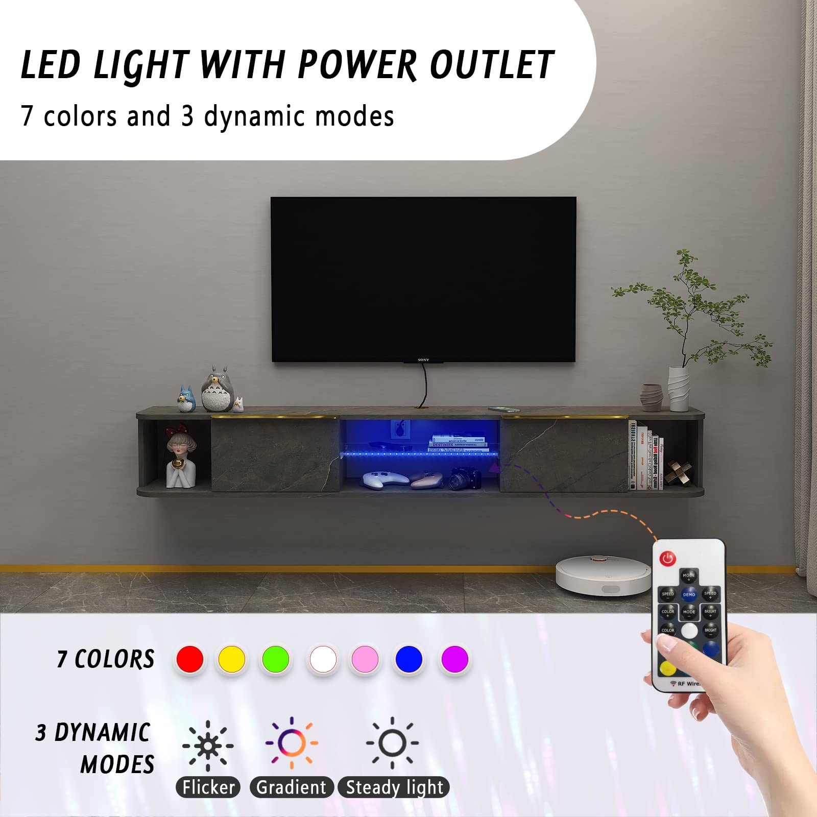 Contemporary Floating TV Stand with LED Lights and Storage #color_pietra grey