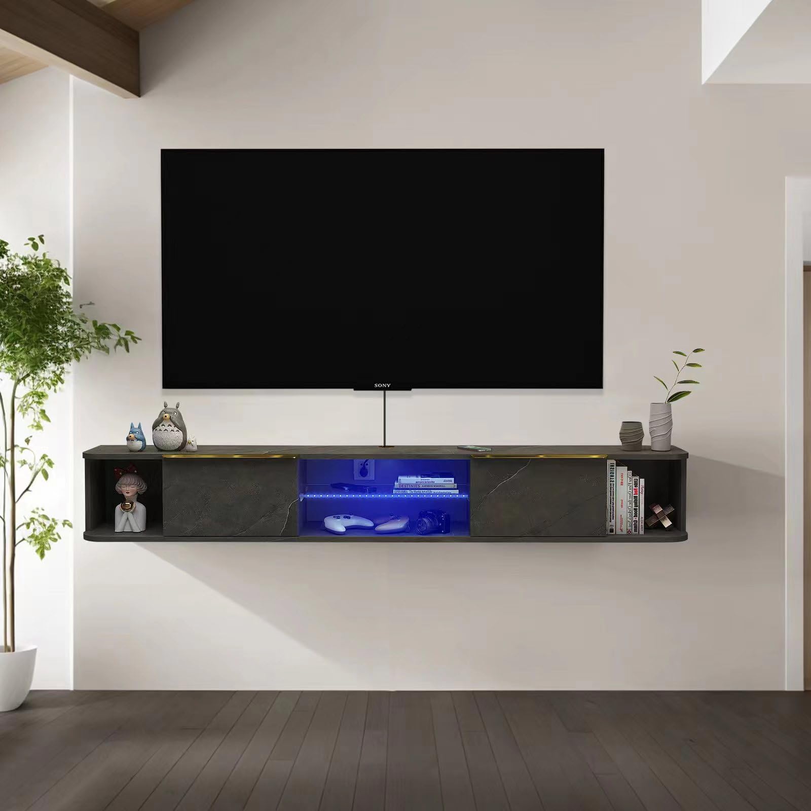 Wood Floating TV Stand for 65" 70" TVs with LED Lights & Shelf, Dark Grey