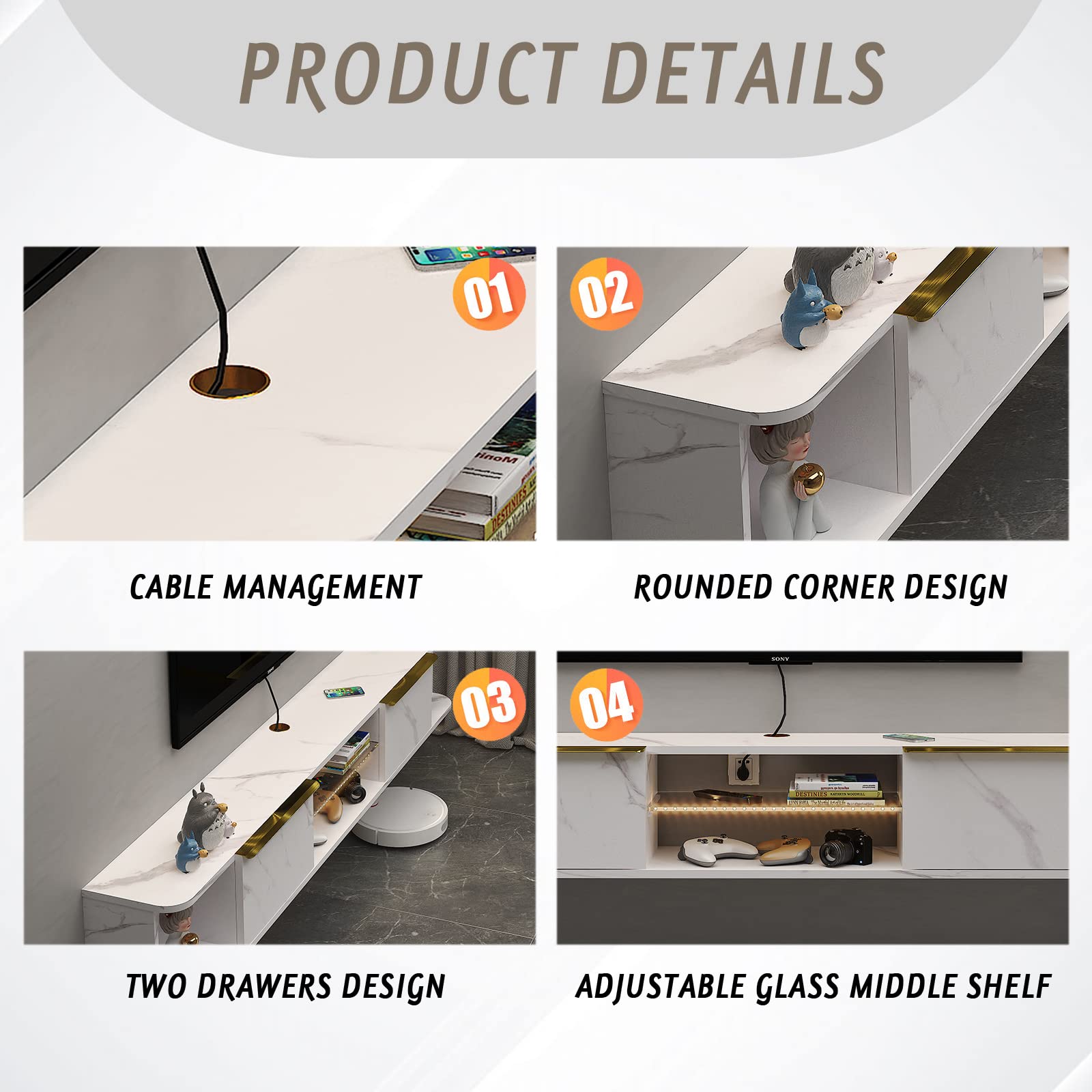 Contemporary Floating TV Stand with LED Lights and Storage #color_pietra white