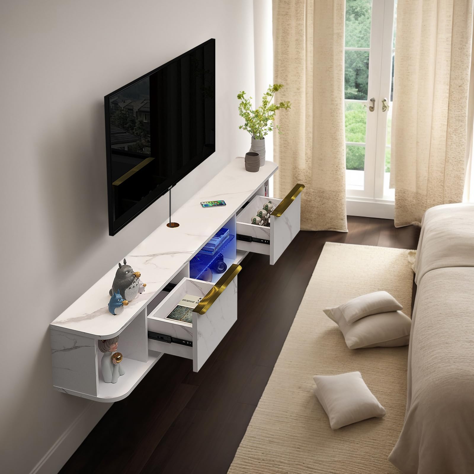 Contemporary Floating TV Stand with LED Lights and Storage #color_pietra white