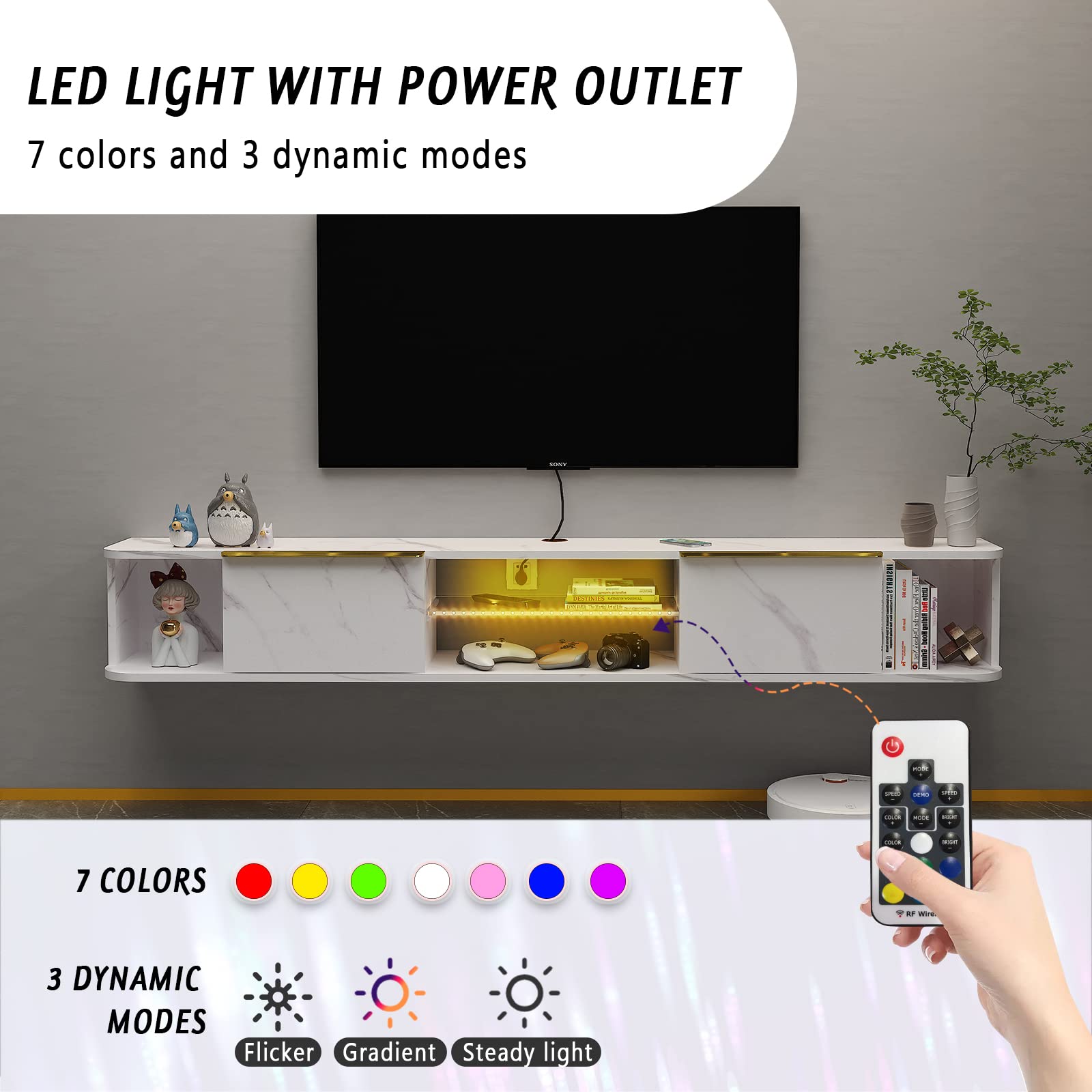 Contemporary Floating TV Stand with LED Lights and Storage #color_pietra white