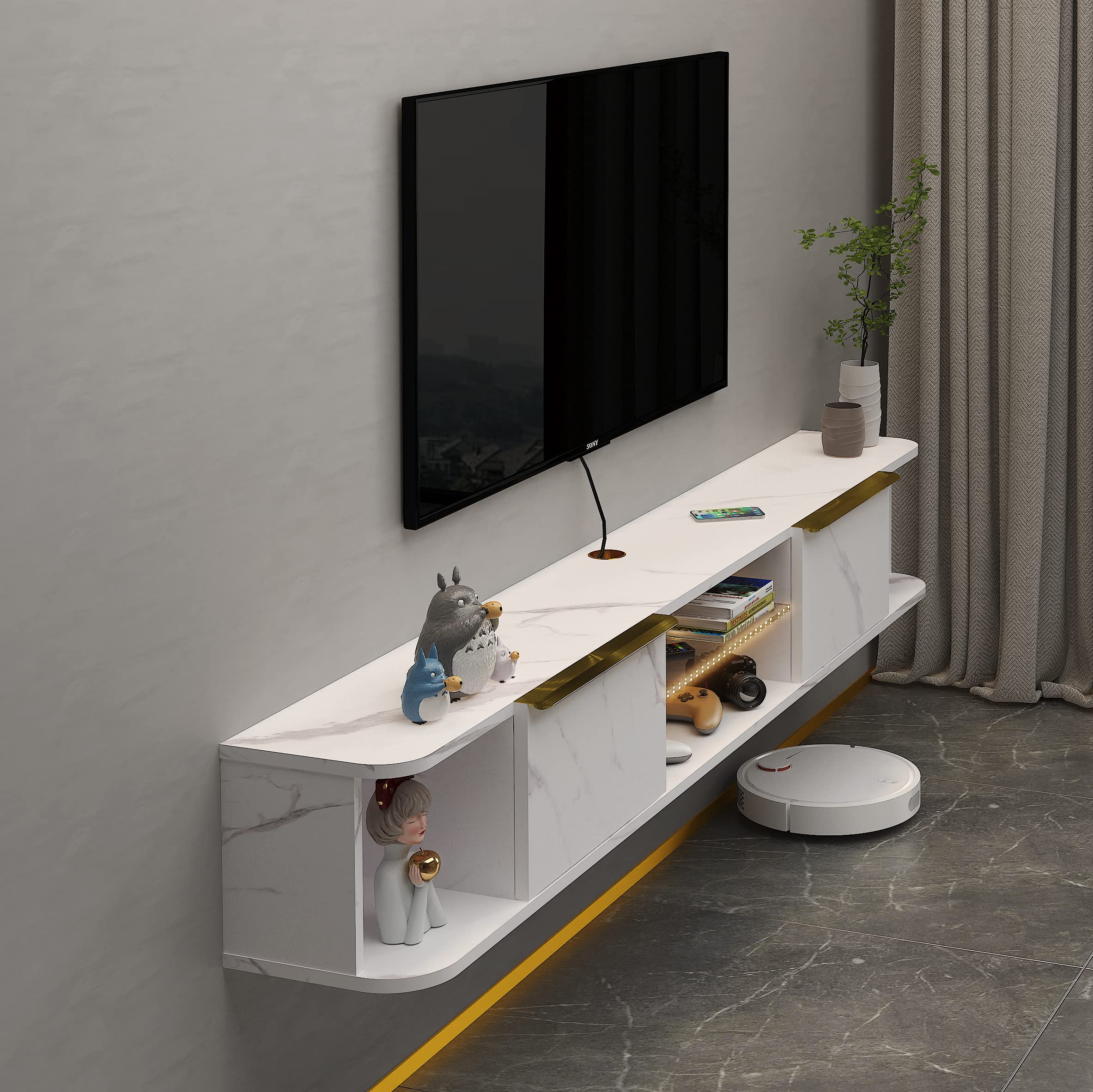 Contemporary Floating TV Stand with LED Lights and Storage #color_pietra white
