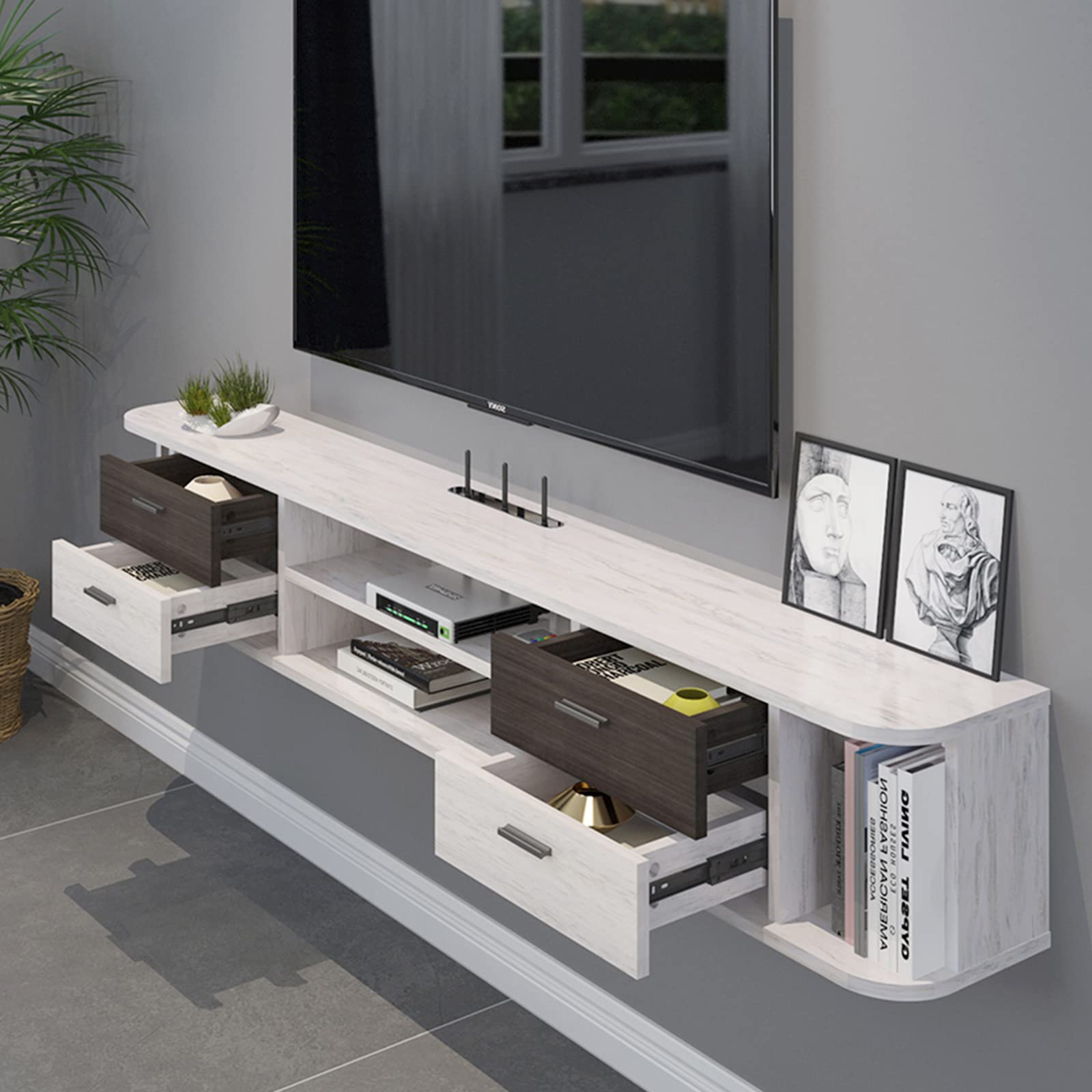 Contemporary Floating TV Stand with Four Drawers And Four Open Shelves #color_greyish white