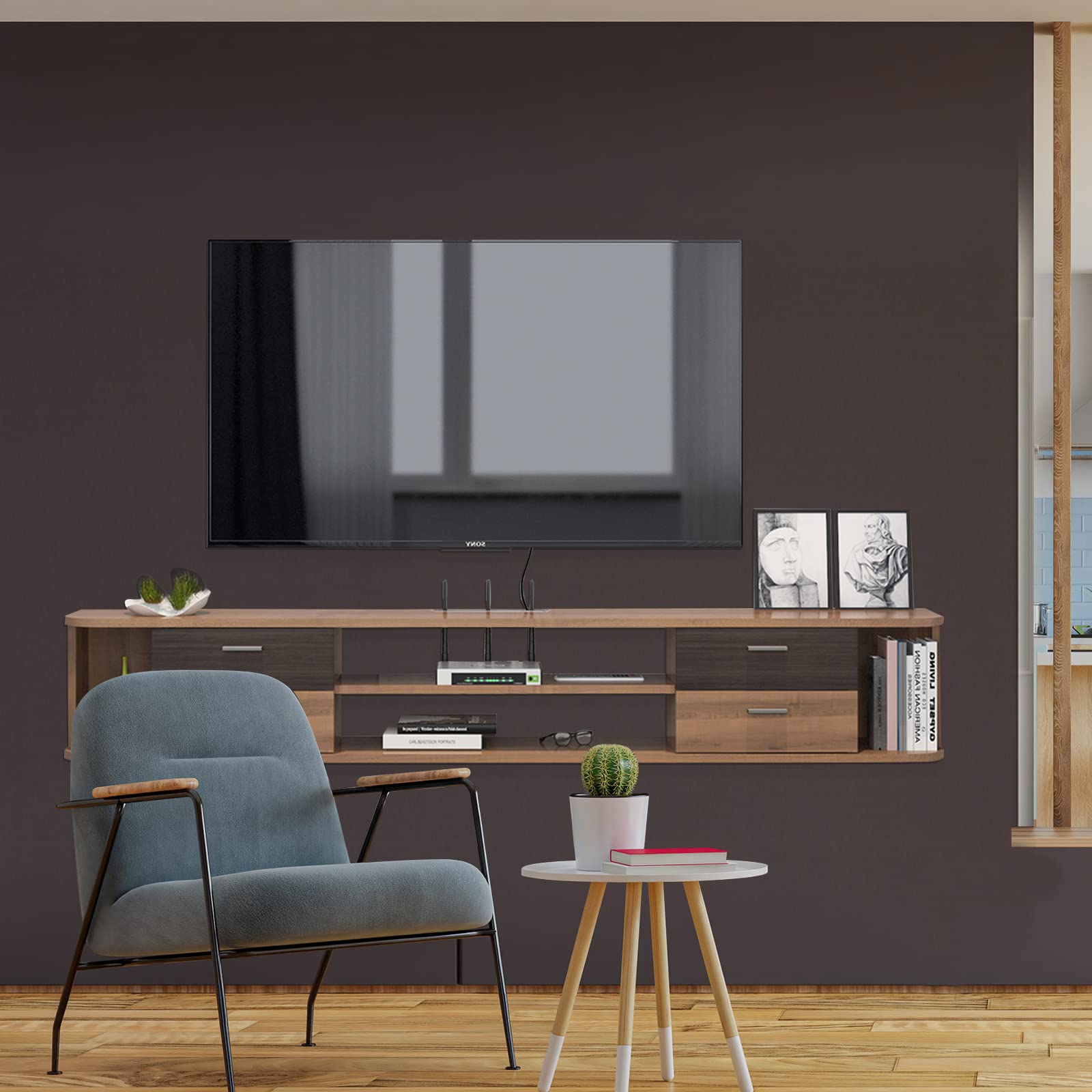 Contemporary Floating TV Stand with Four Drawers And Four Open Shelves #color_walnut