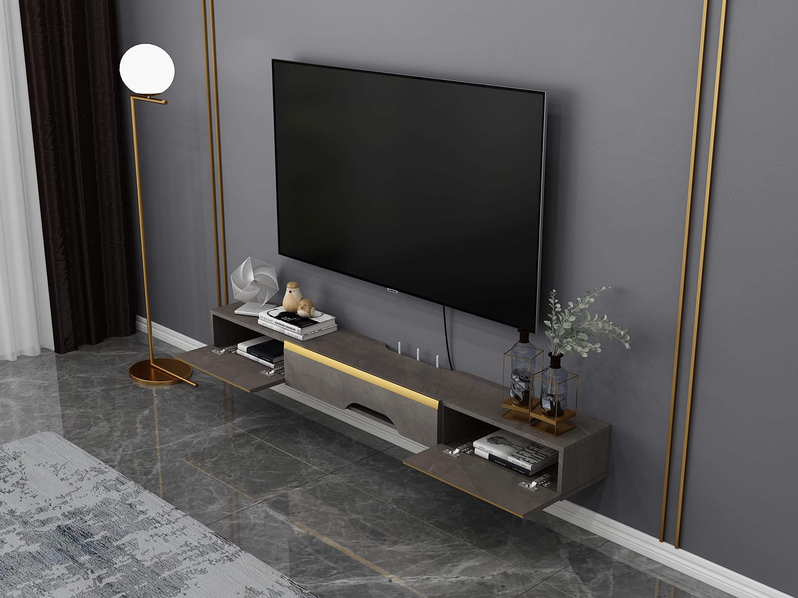 Dark Grey Plywood Modern Wall Mounted Floating TV Console with Door and Drawer #color_pietra grey