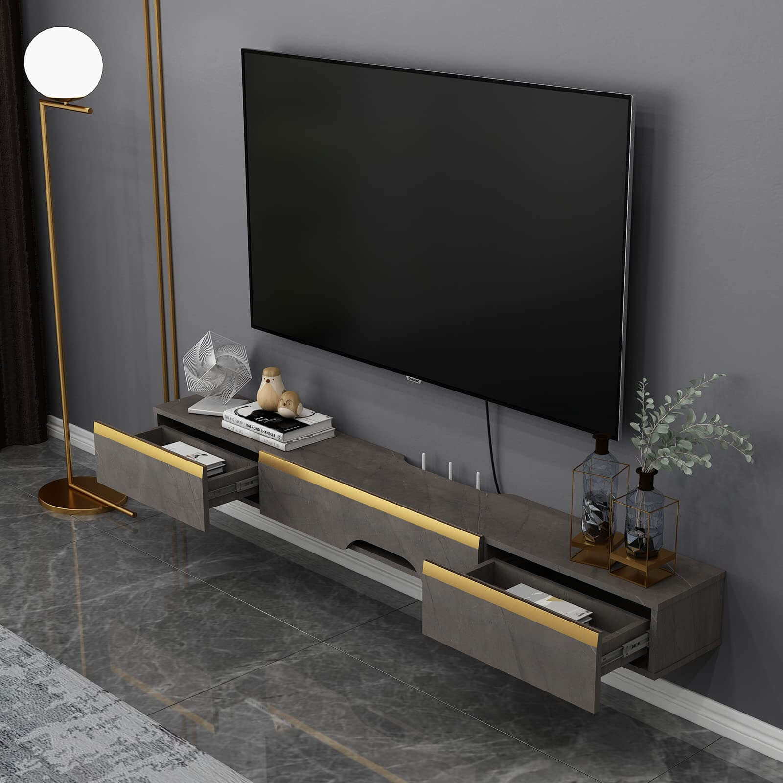 Dark Grey Plywood Modern Wall Mounted Floating TV Console with Door and Drawer #color_pietra grey