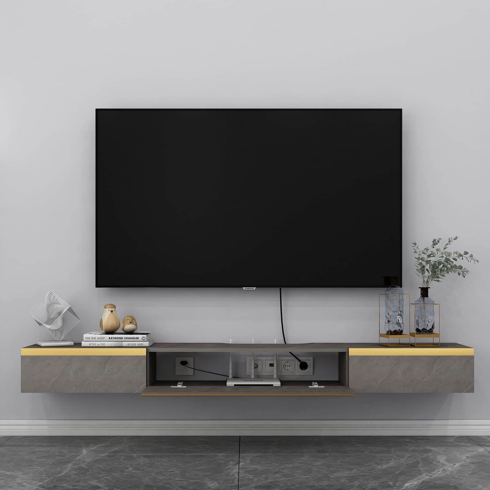 Dark Grey Plywood Modern Wall Mounted Floating TV Console with Door and Drawer #color_pietra grey