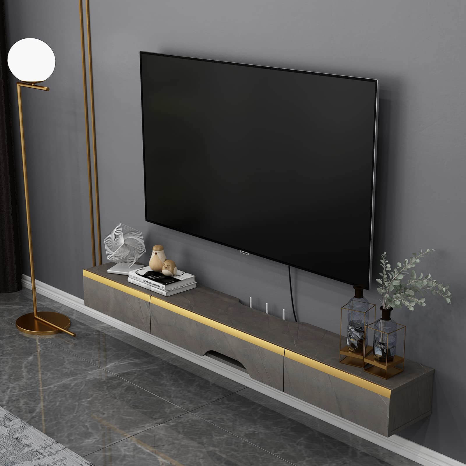 Dark Grey Plywood Modern Wall Mounted Floating TV Console with Door and Drawer #color_pietra grey
