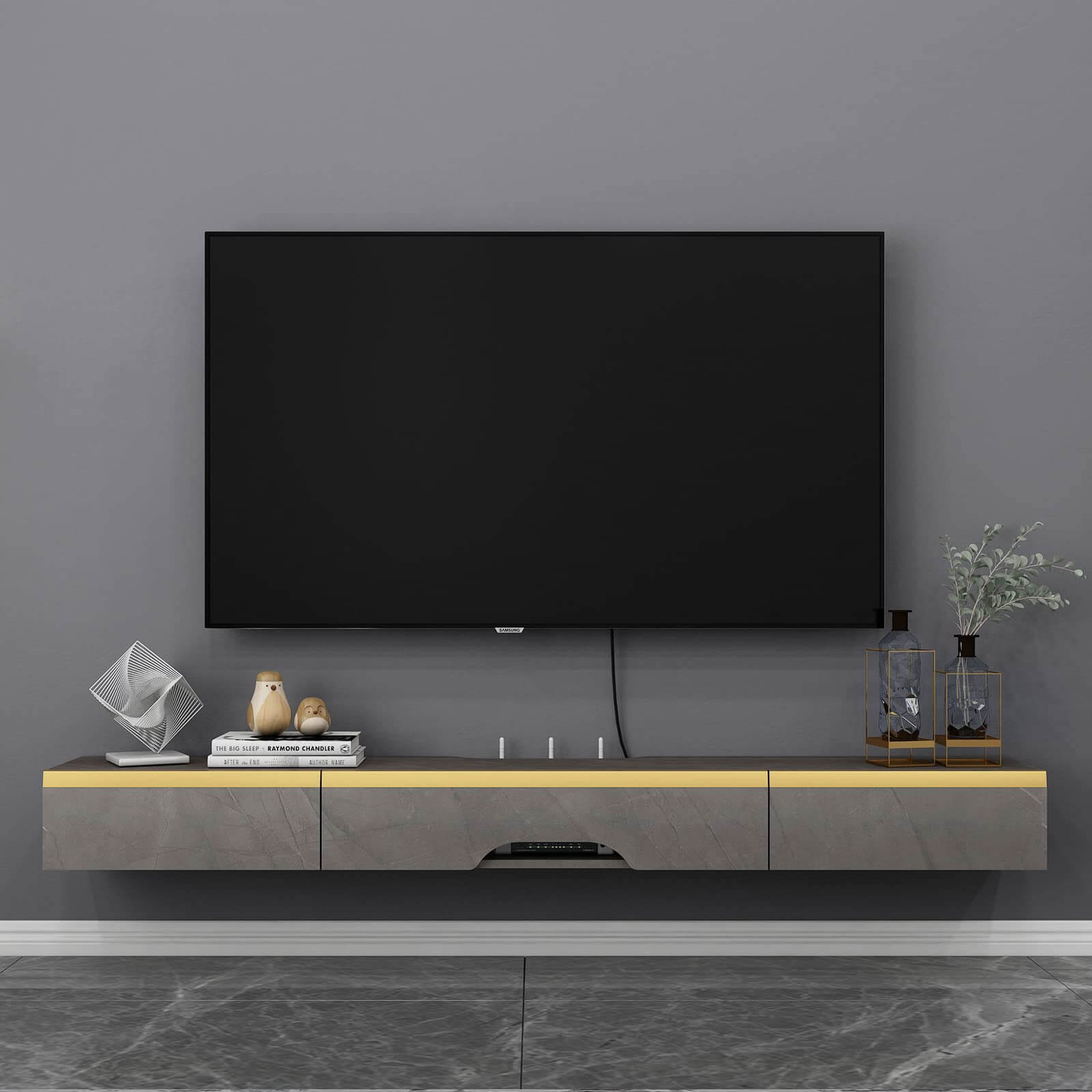 Dark Grey Plywood Modern Wall Mounted Floating TV Console with Door and Drawer #color_pietra grey