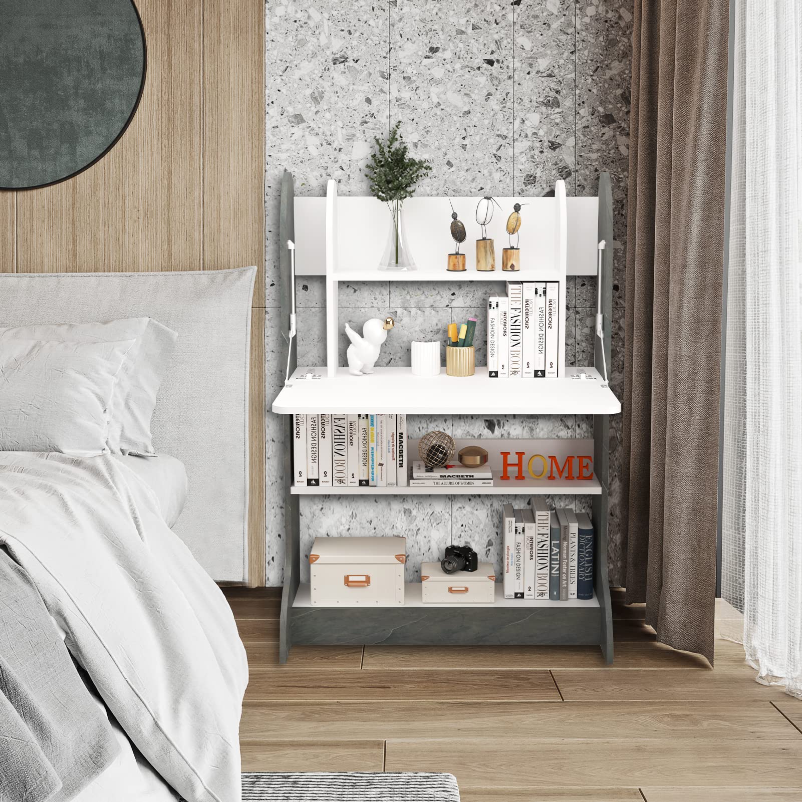 Plywood Wall Mountable Desk with Fold Up Table & Storage Shelves #table_flip up
