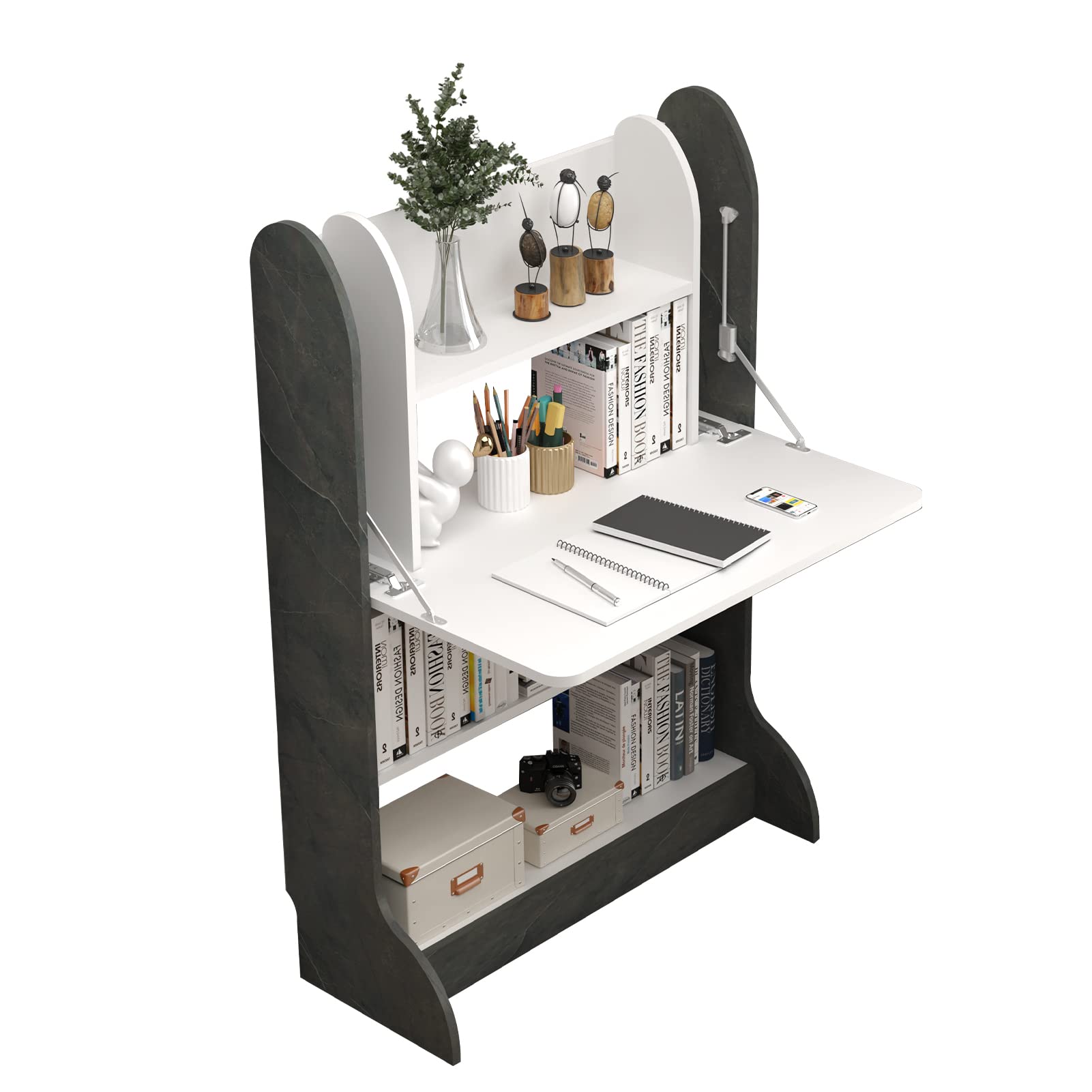 Plywood Wall Mountable Desk with Fold Up Table & Storage Shelves #table_flip up