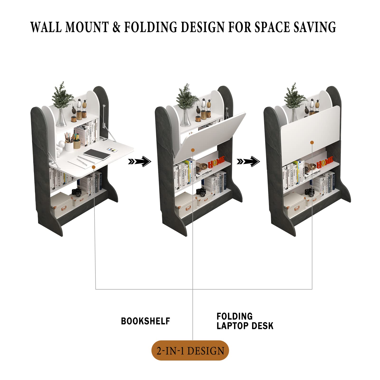 Plywood Wall Mountable Desk with Fold Up Table & Storage Shelves #table_flip up
