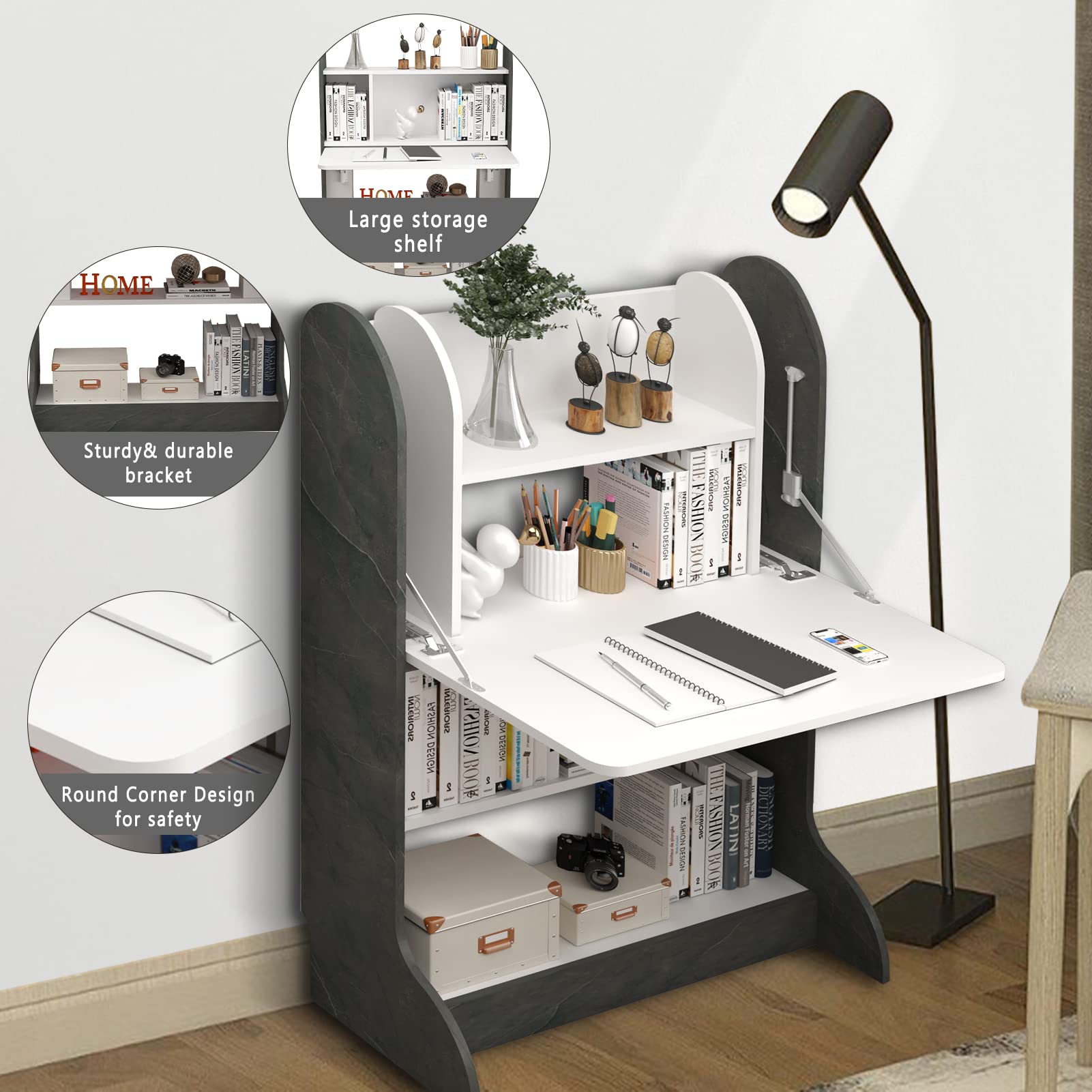 Plywood Wall Mountable Desk with Fold Up Table & Storage Shelves #table_flip up