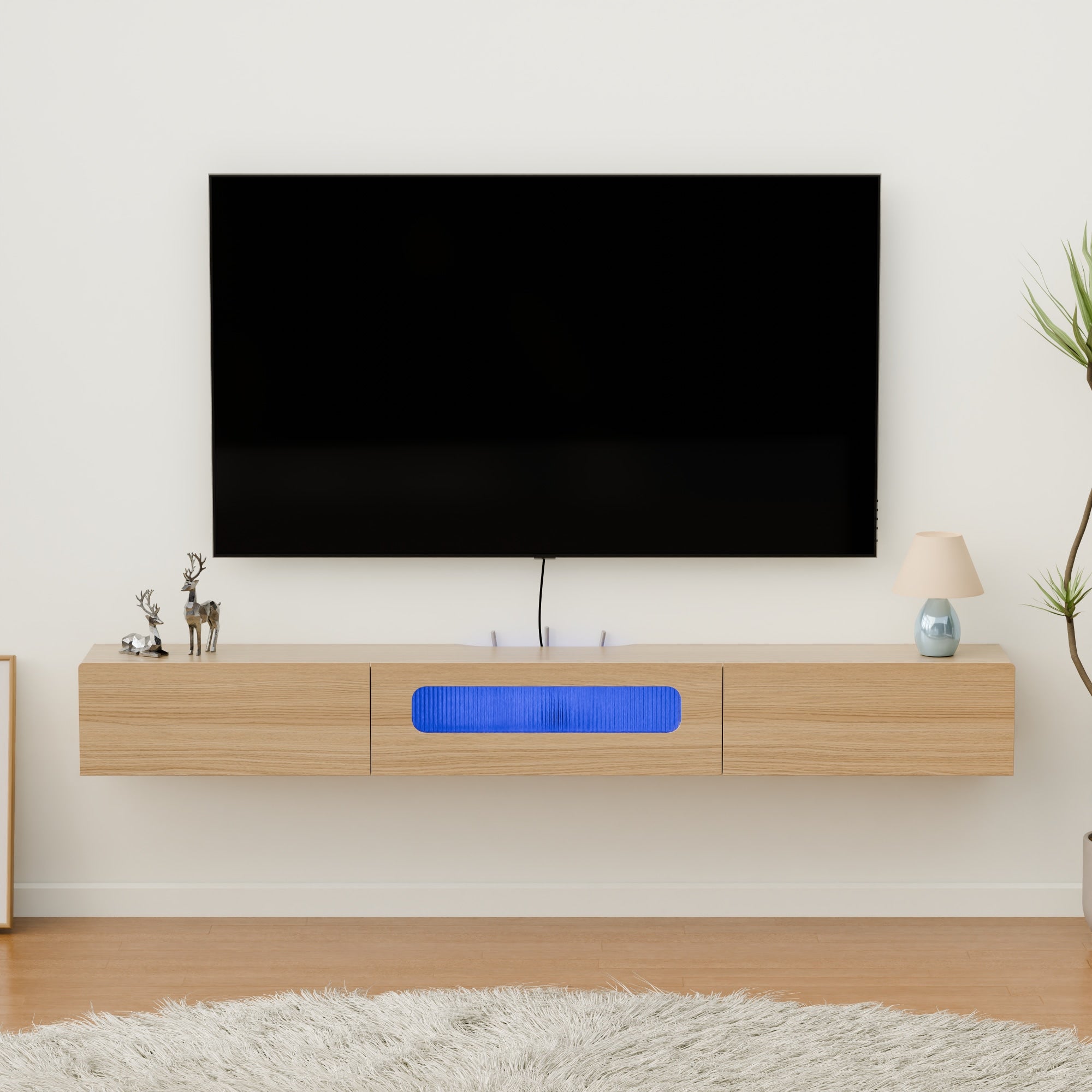 Floativa Purello custom floating tv stand shelf with LED lights drawers #color_light oak