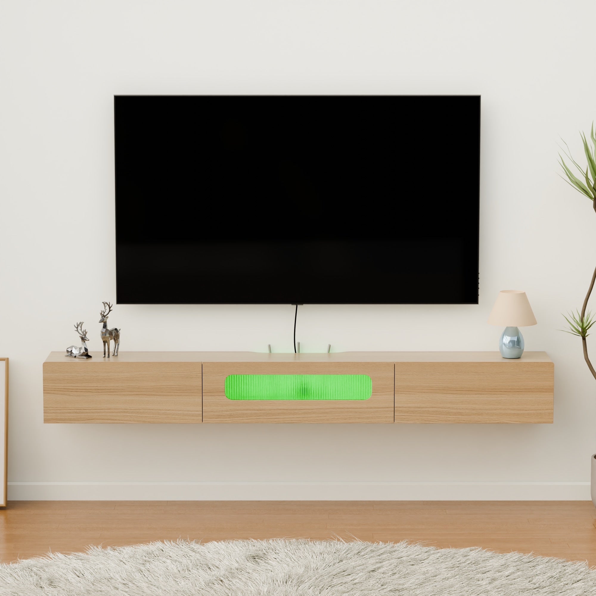 Modern Wood Floating TV Stand with Led Lights & Storage Drawers for 60” 65 Flat Screen TV, Light Oak, 62.99"W x 10.04"D x 7.64"H