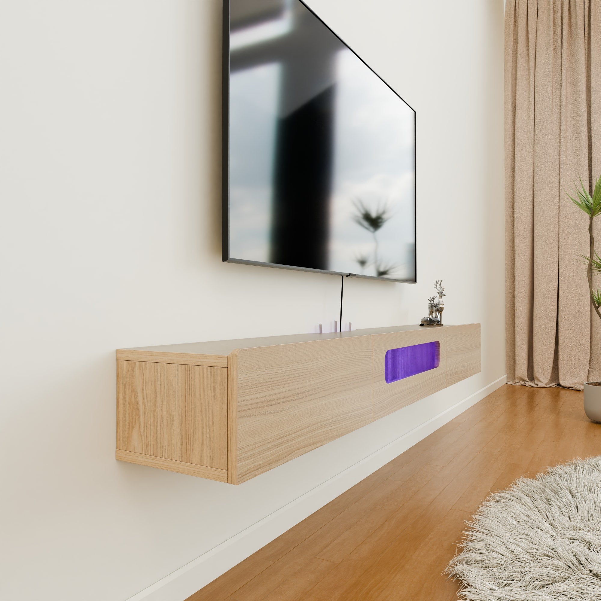 Space Saving Narrow Wall Hanging TV Cabinet with Shelf in Light Wood for Small Living Room, Bedroom, Apartment, Office