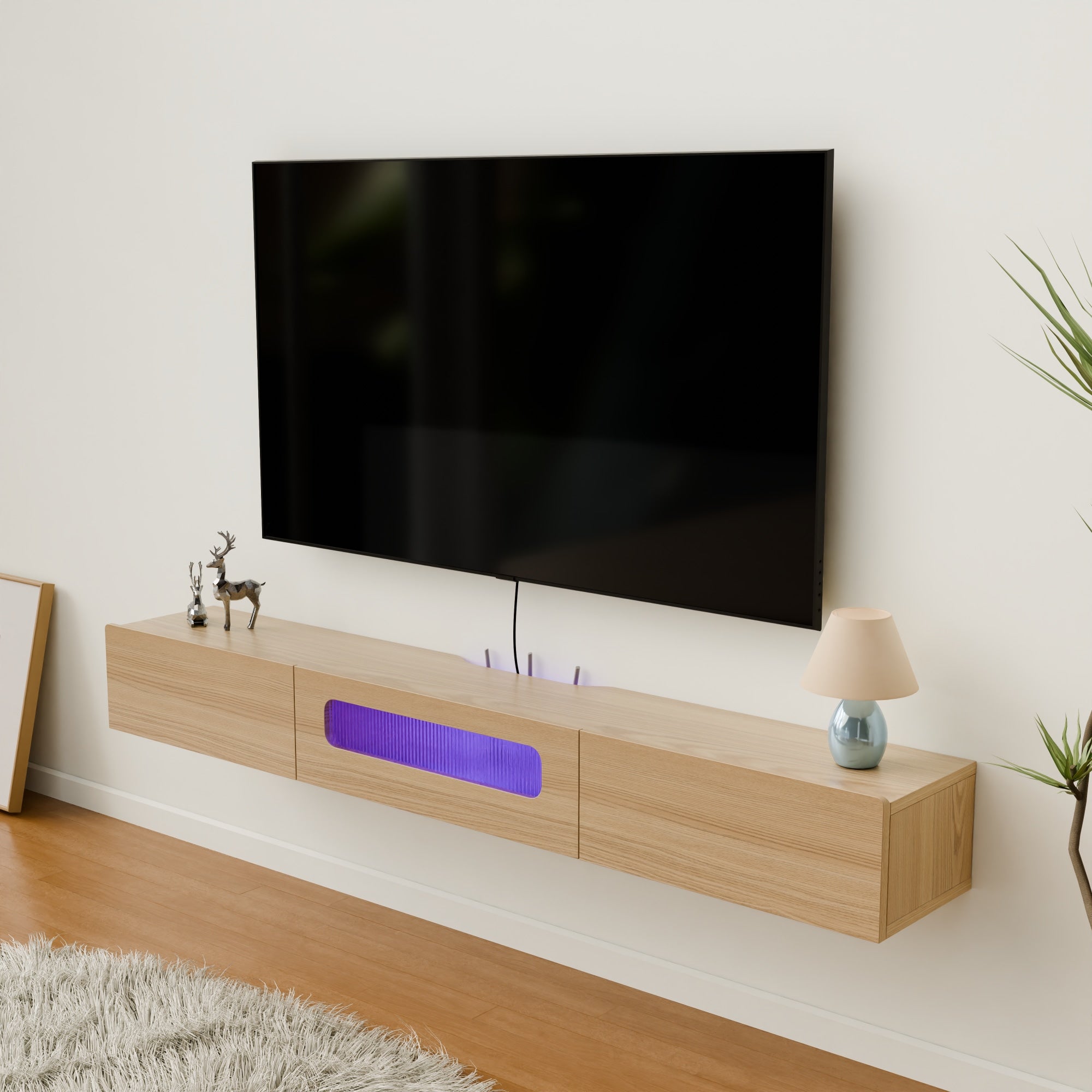 Floating TV Shelf for 60” 65 TVs with Cable Management to Hide Wires, Wall Mounted Media Console with Storage Door & Drawers
