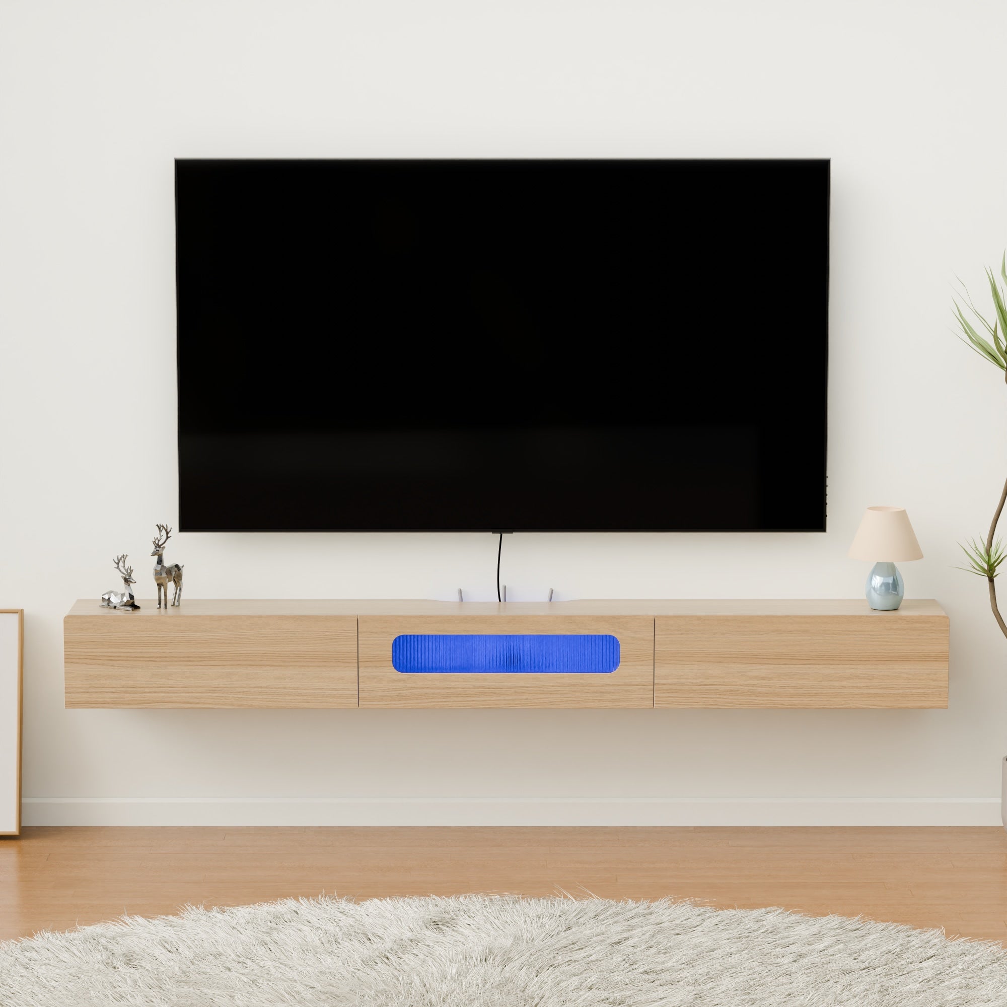 70.86" Long Under TV Wall Shelf with LED Lights and Media Storage for Cable Box, Game Consoles, DVD Player, Sound Bar, AV Receivers, Light Oak