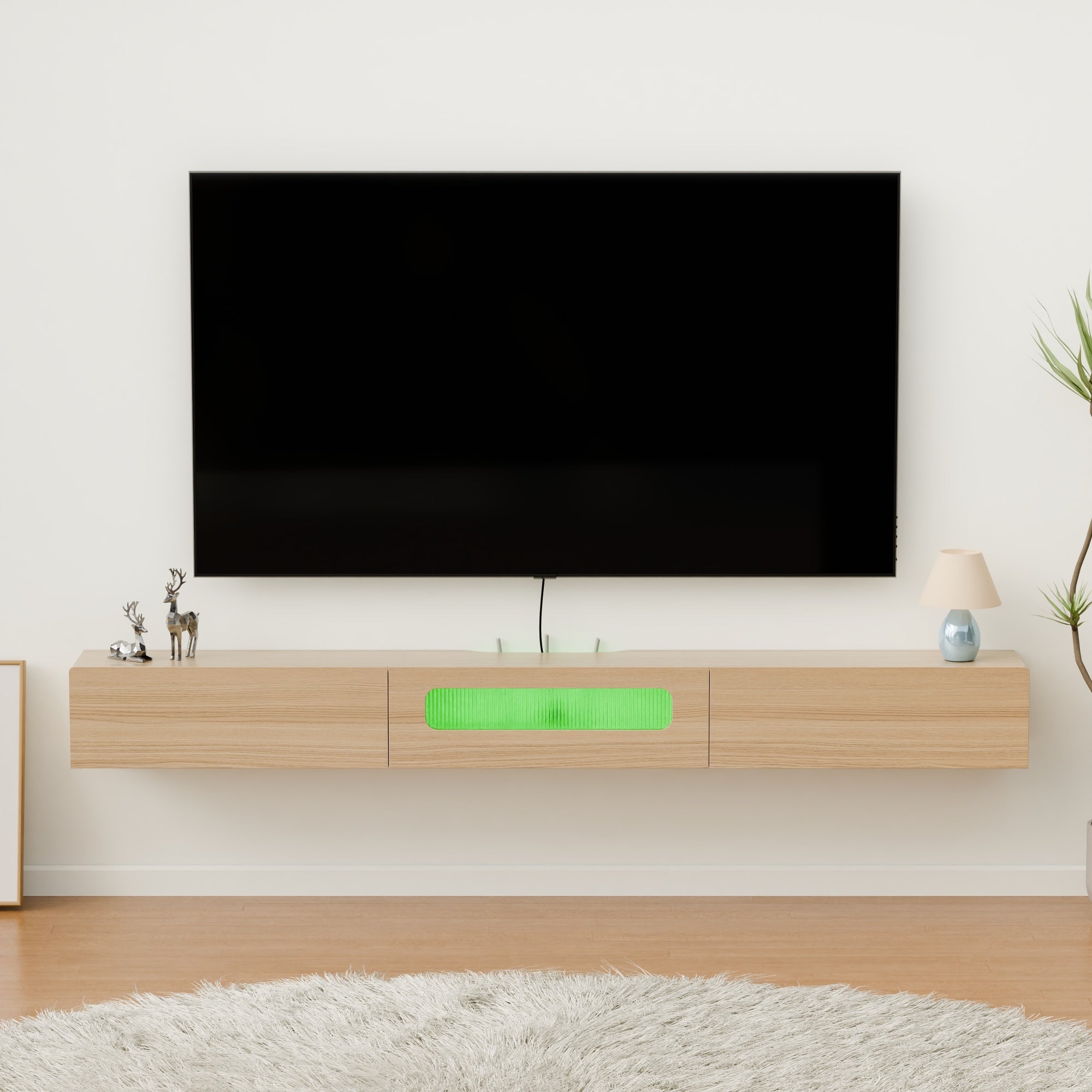 White Oak Floating Media Console with LED Lights and Drawers for 75” 80” Wall Mounted Flat Screen TV, Low Profile Mid Century Modern TV Stand