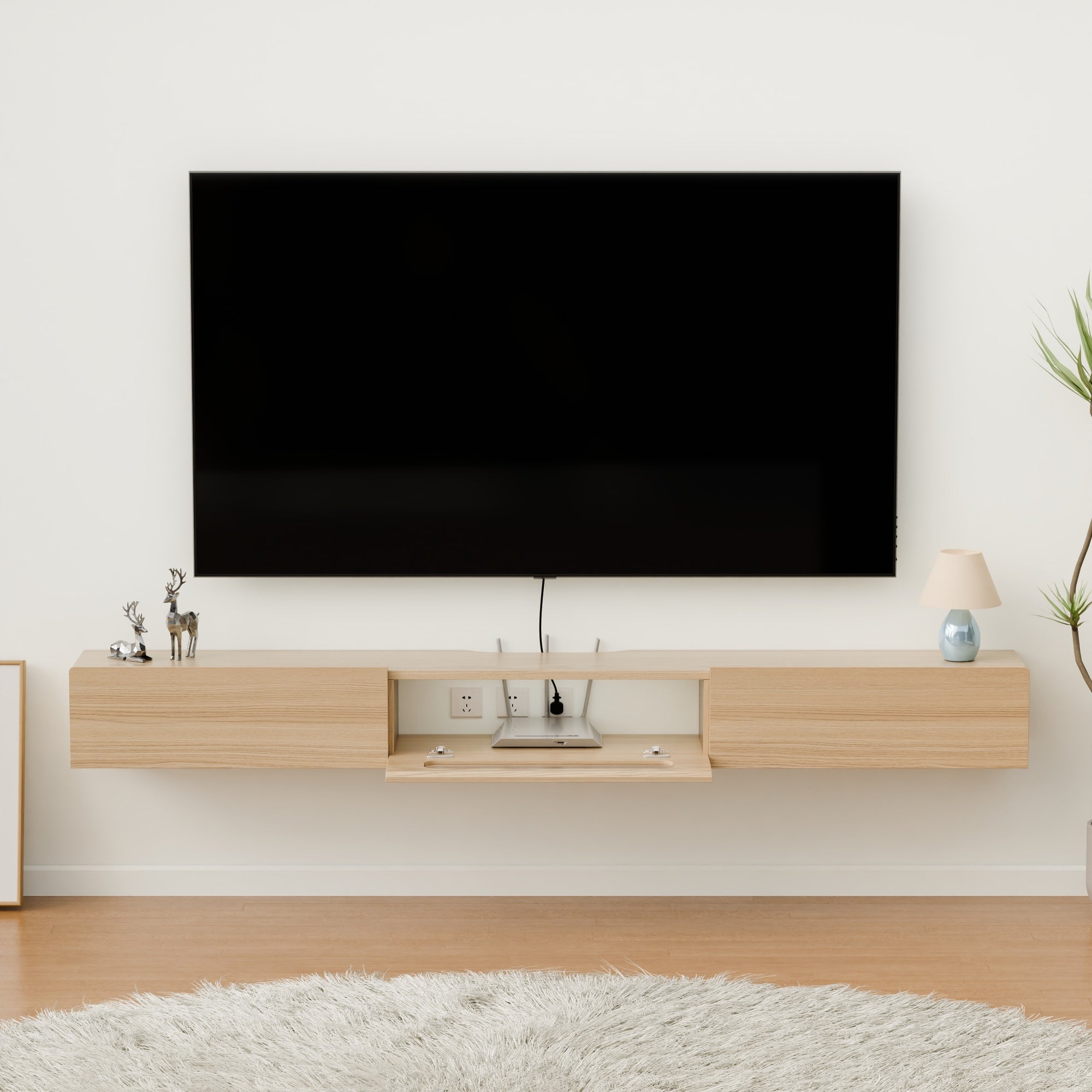White Oak Floating TV Shelf for up to 80 Inch Wall Mounted Flat Screen with LED Lights and Drawers, Light Wood TV Stand for Living Room, Office, Hotel