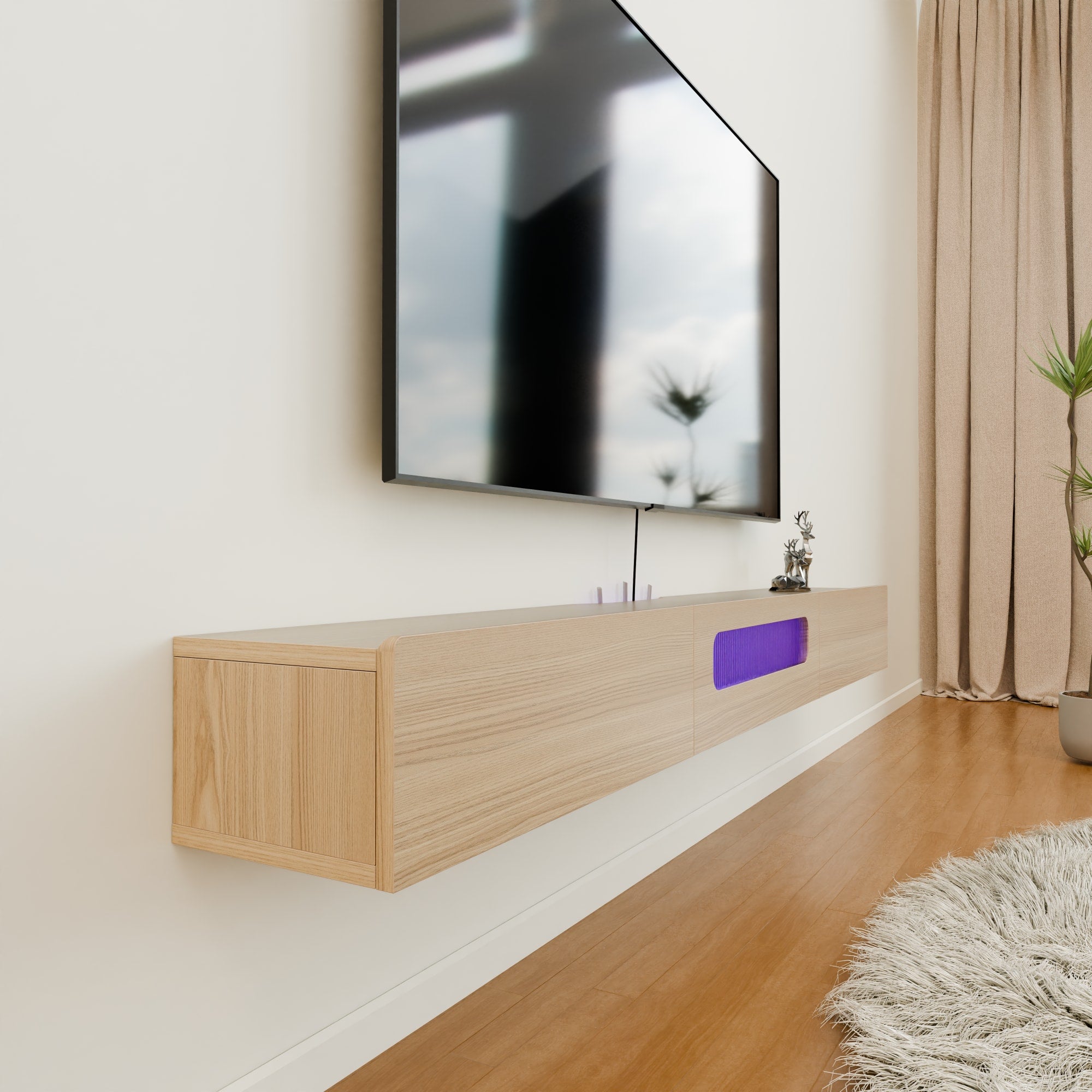 White Oak Plywood Floating TV Cabinet for 75” 80" TV, Wall Hanging Minimalist Slim TV Stand with LED Lights, Drawers and Glassh Door