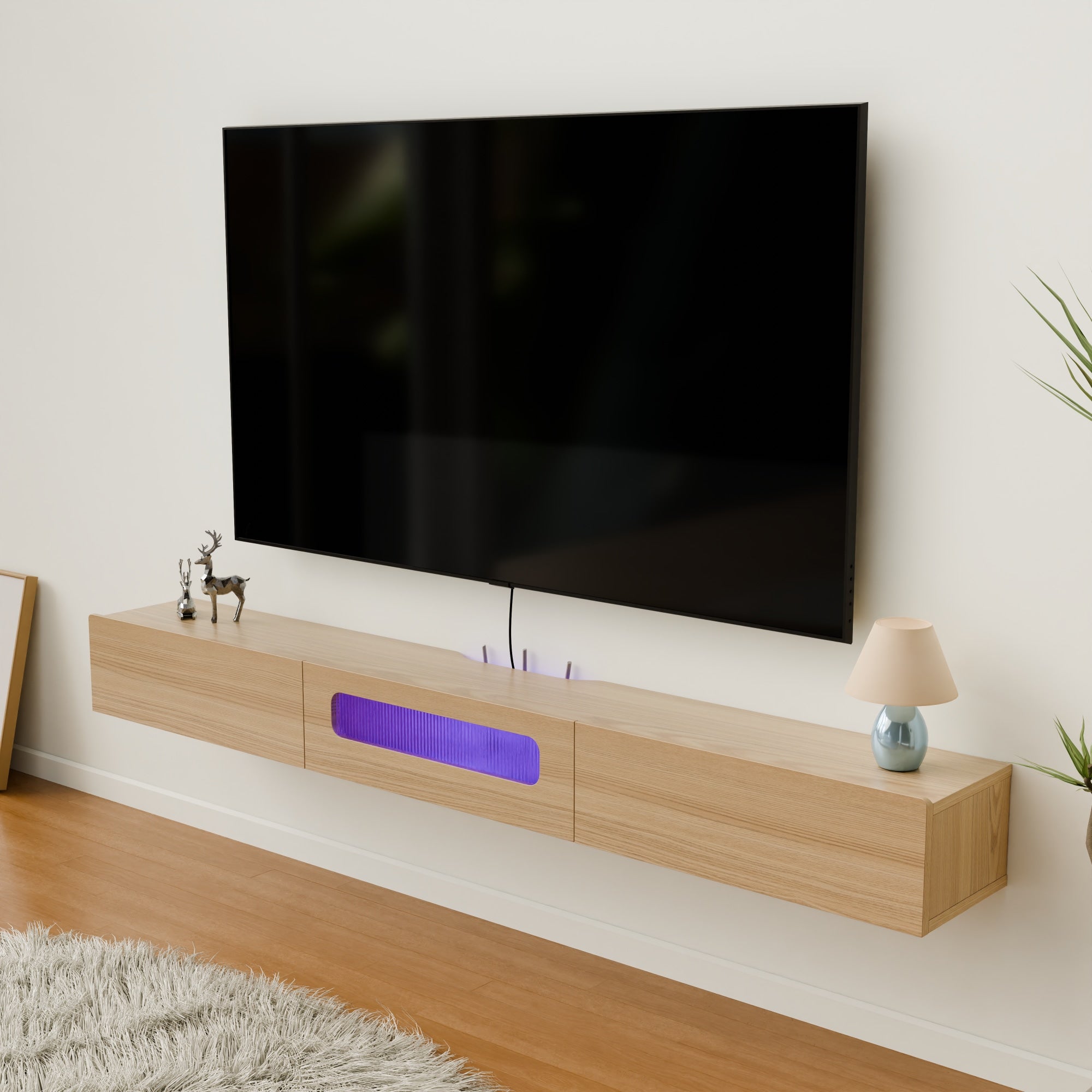 White Oak Floating Entertainment Center With LED Lights and Drawers for 75” 80" TV, Light up Contemporary TV Stand for Large TV