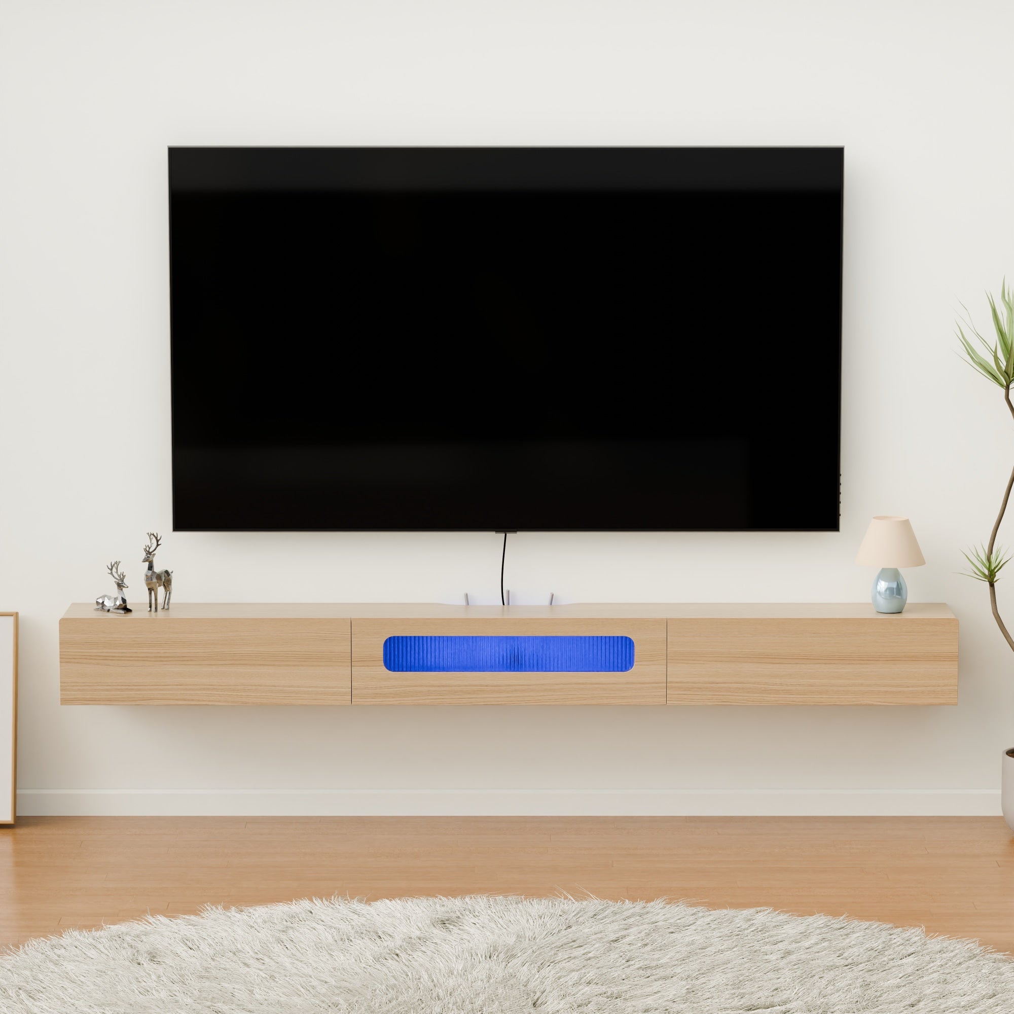 Light Oak Plywood Floating TV Cabinet with LED Lights and Drawers for 85” TV, Wall Hanging Minimalist Slim TV Stand