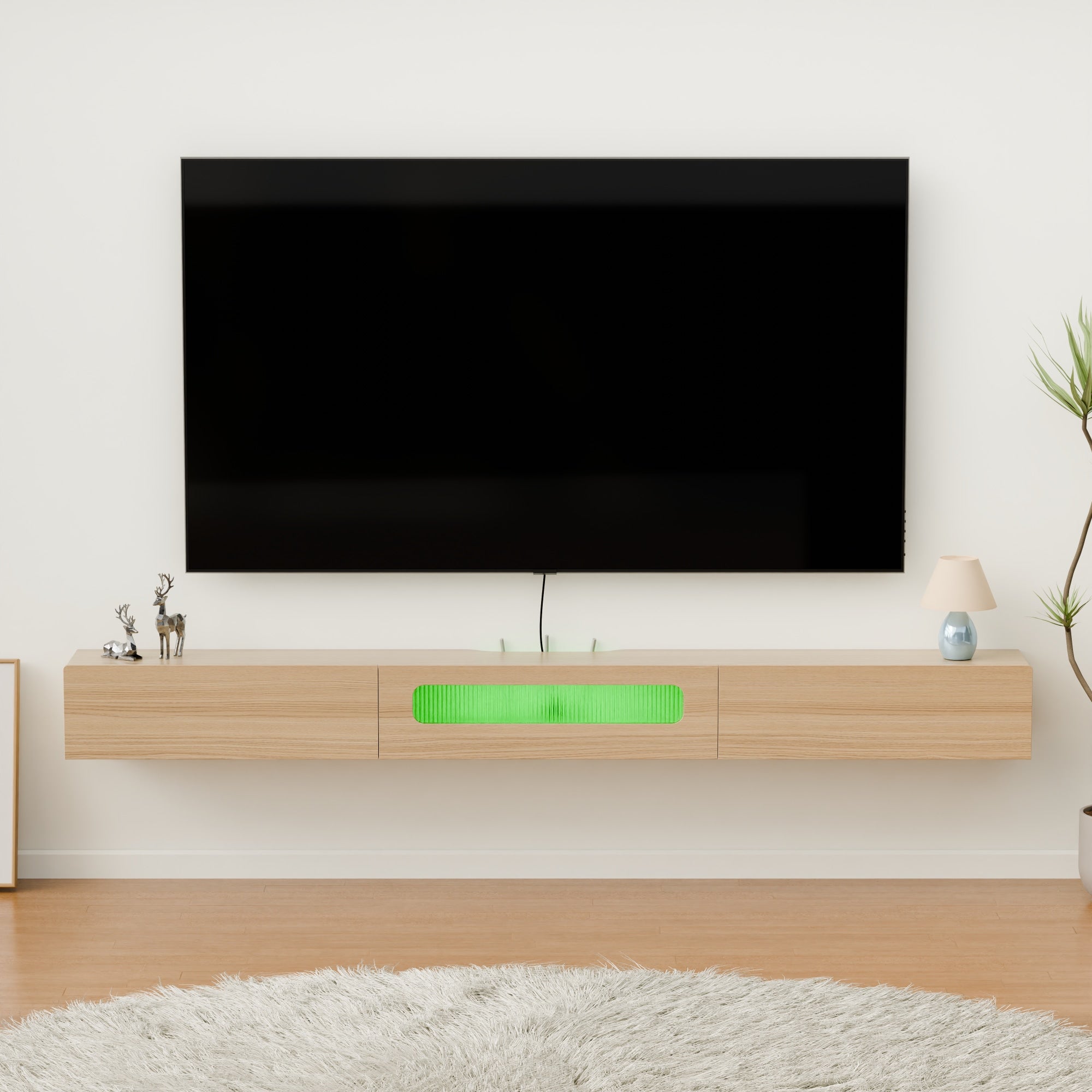 Light Oak Modern Wood Floating TV Stand furniture for 85” Wall Mounted Flat Screen with LED Lights and Drawers, Light up Gaming Entertainment Center