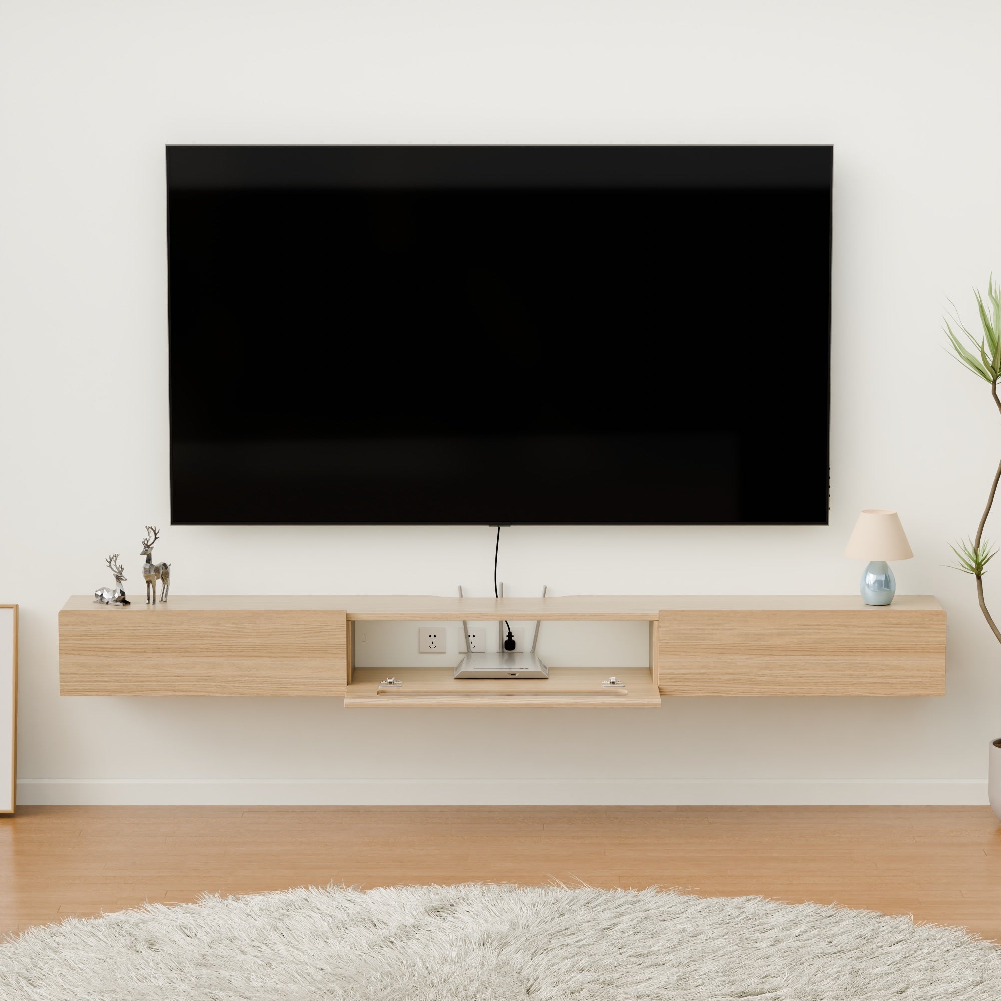 Light Oak Floating Entertainment Center With LED Lights and Drawers for 85” TV, Light up Contemporary TV Stand for Large TV