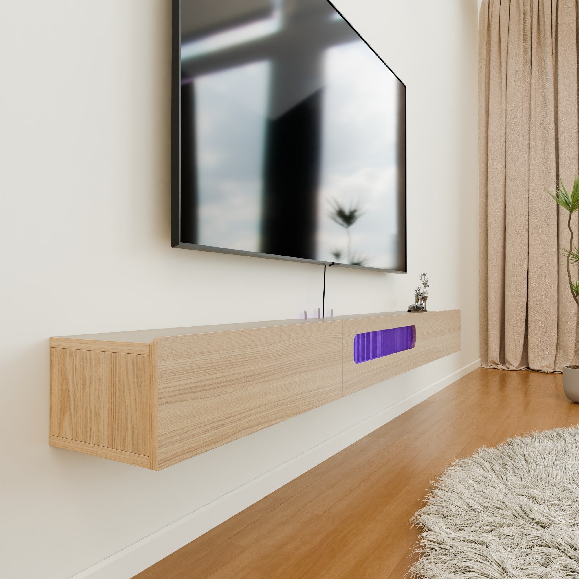Light Oak Floating Media Console with LED Lights and Drawers for 85” Wall Mounted Flat Screen TV, Low Profile Mid Century Modern TV Stand