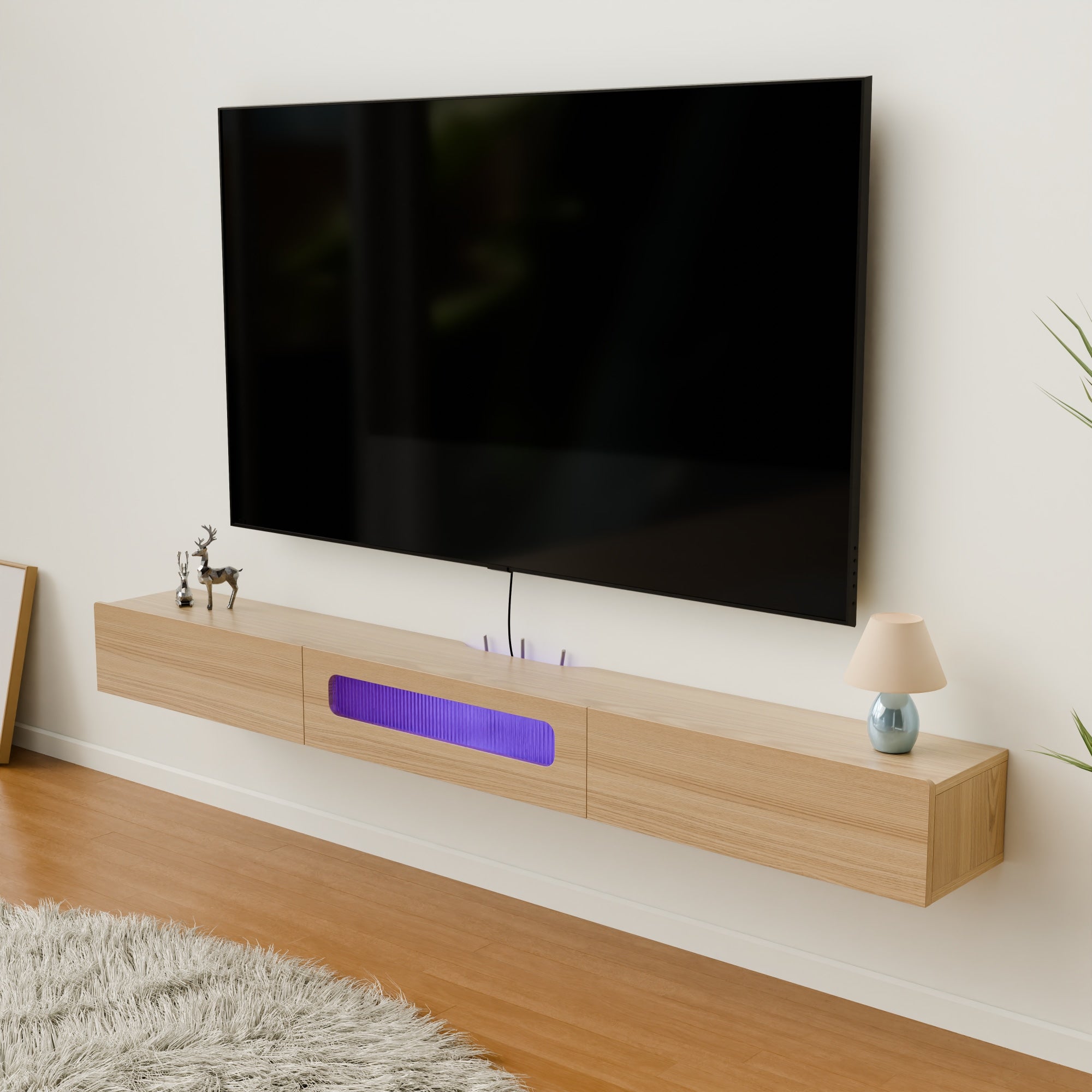 Light Oak Floating TV Shelf for up to 85 Inch Wall Mounted Flat Screen with LED Lights and Drawers, Light Wood TV Stand for Living Room, Office, Hotel