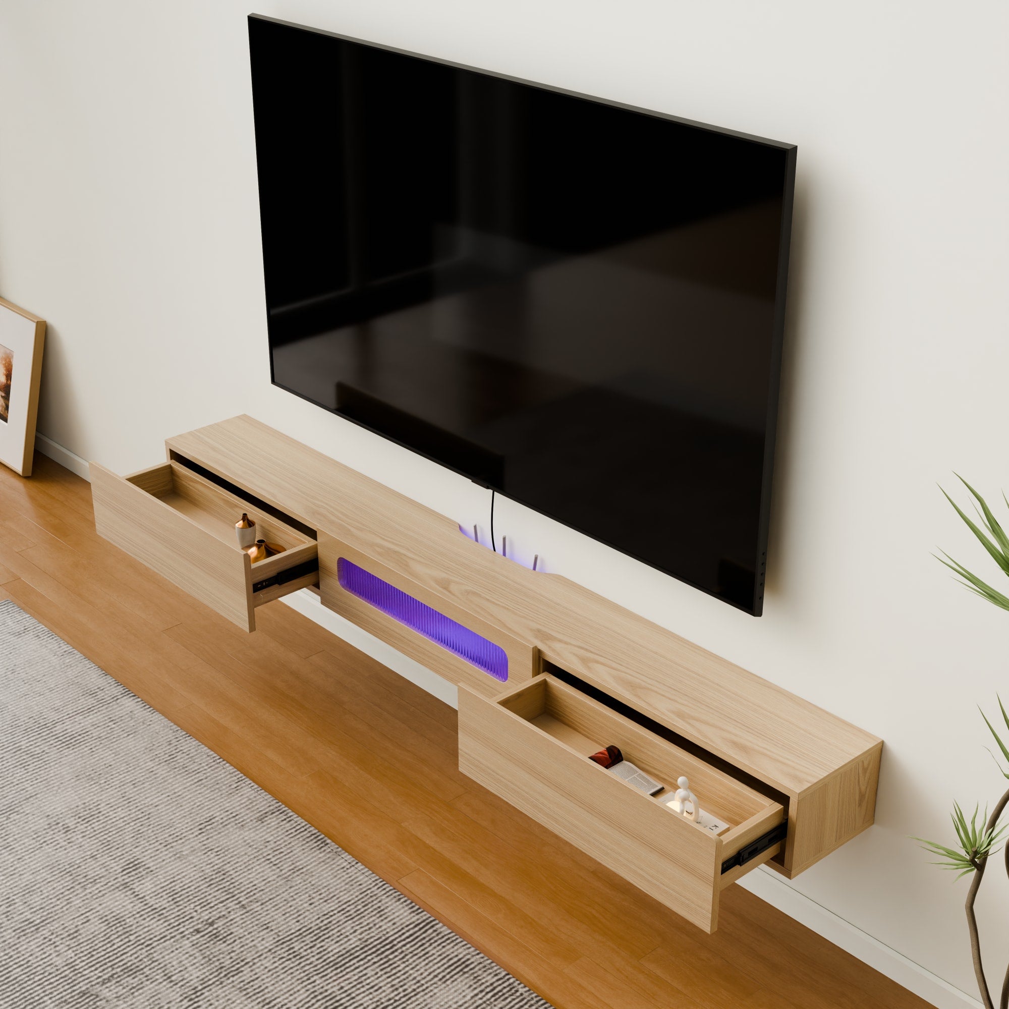 6.5ft Wood Floating Media Shelf with Led Lights and Drawer Storage under Wall Mounted TV, Cable Management to Hide Wires and Cord