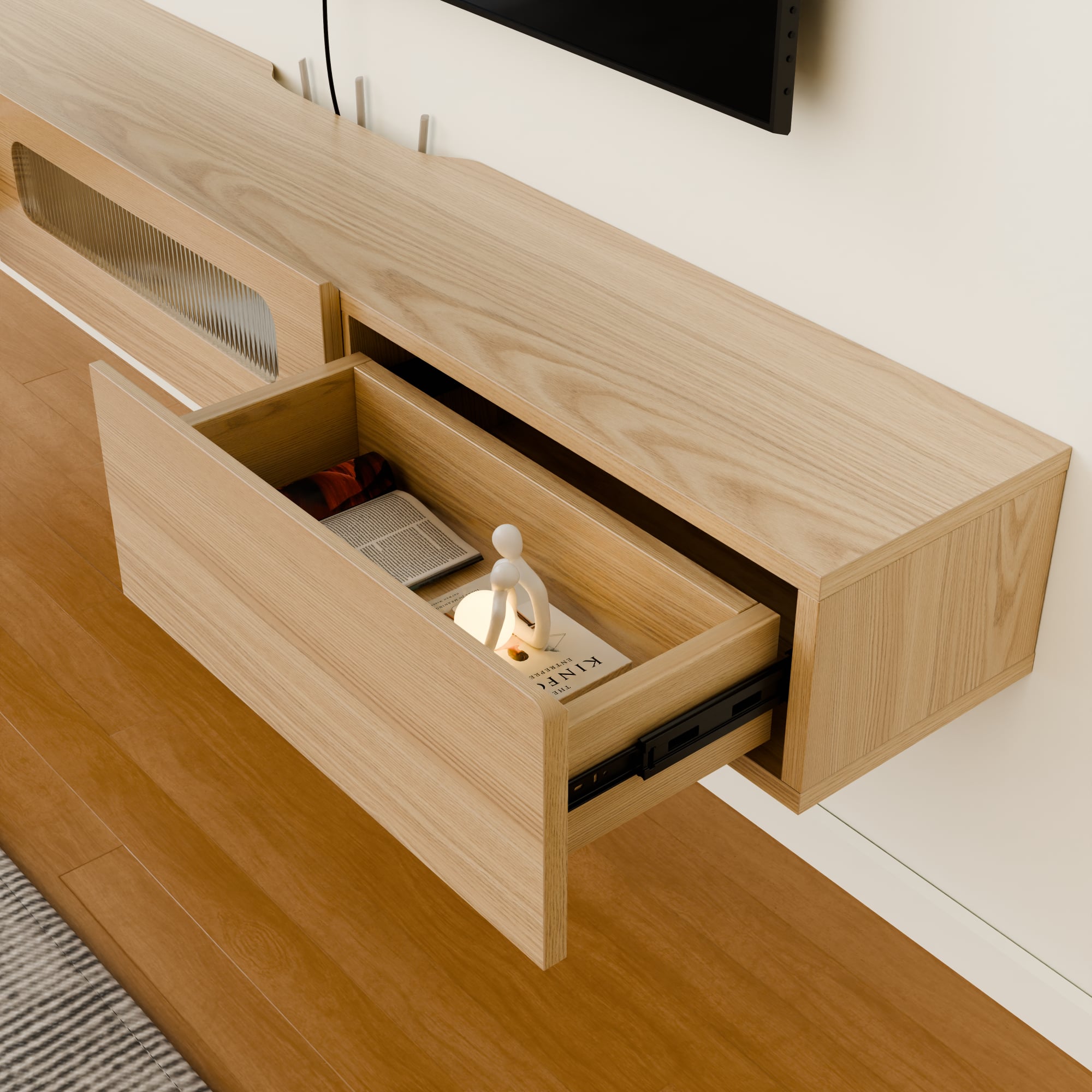 Floativa Purello custom floating tv stand shelf with LED lights drawers #color_light oak