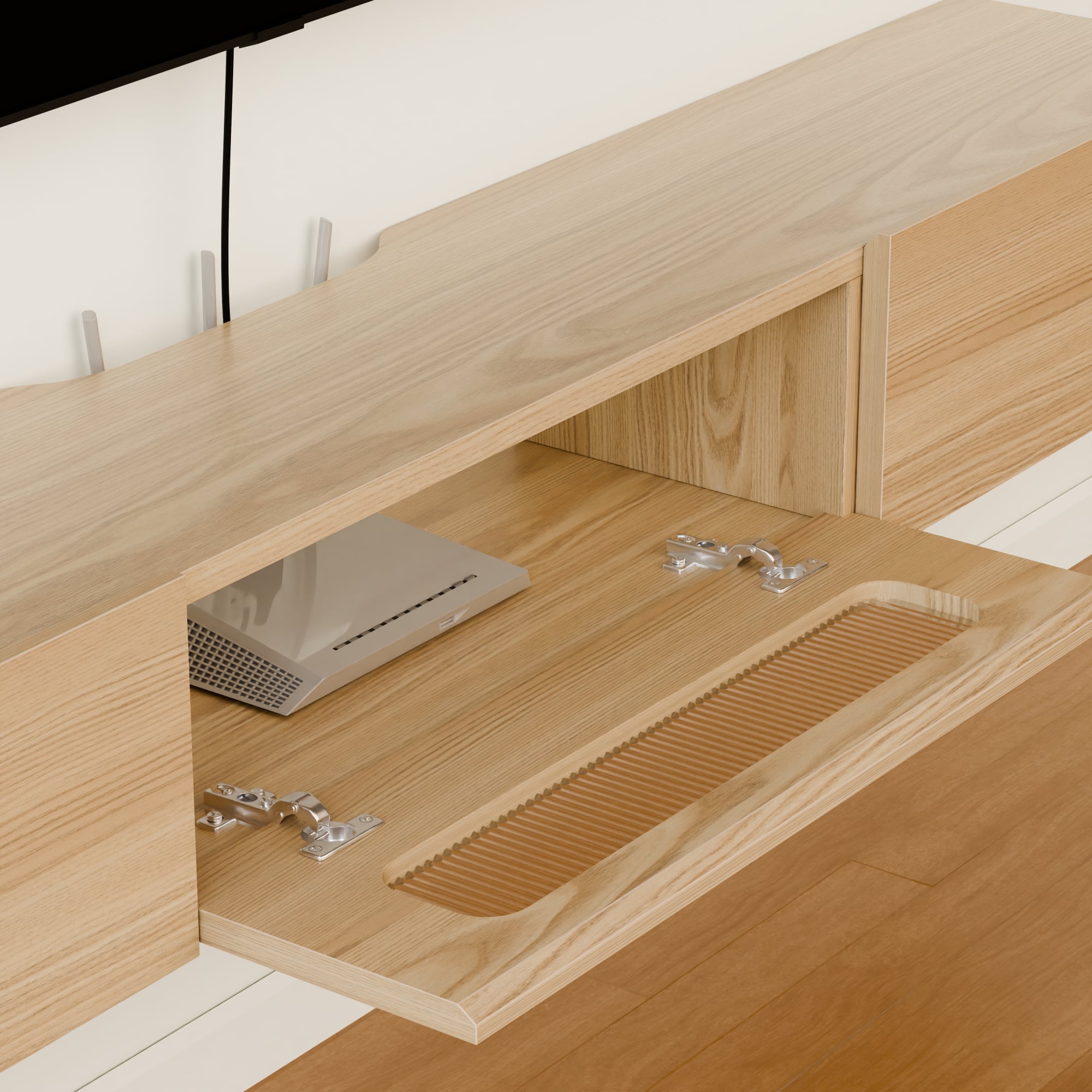 Floativa Purello custom floating tv stand shelf with LED lights drawers #color_light oak