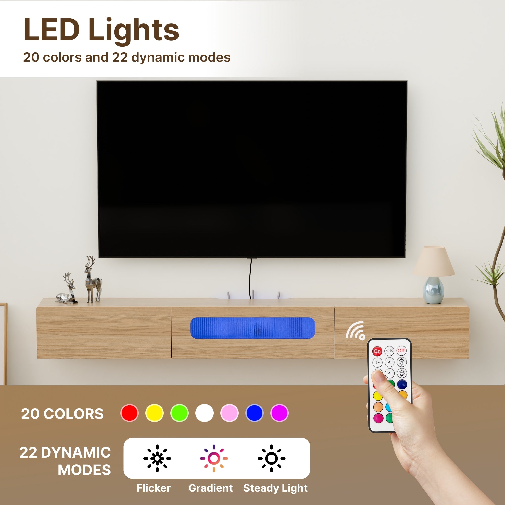 Floativa Purello custom floating tv stand shelf with LED lights drawers #color_light oak