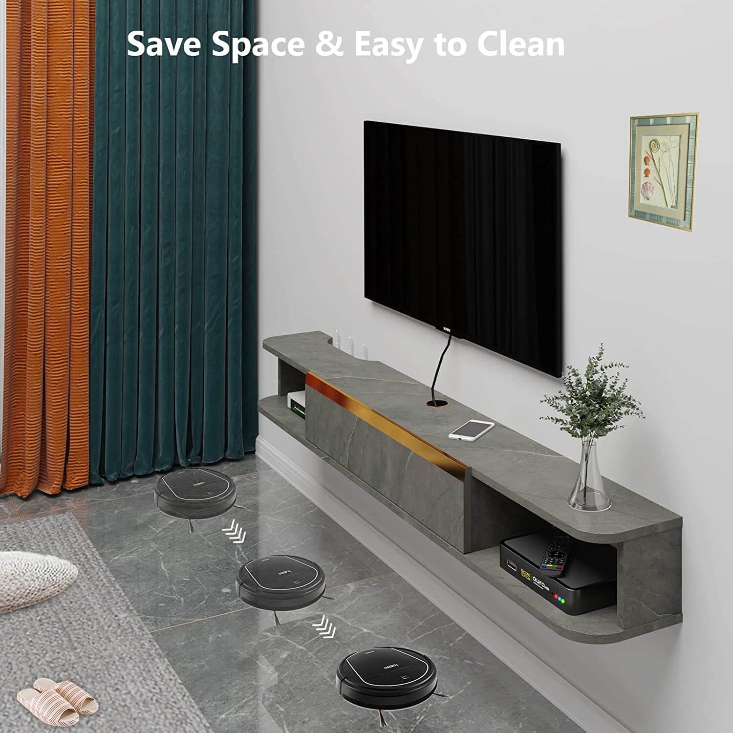 Plywood Wall Mounted Floating TV Stand with Large Door Storage  #color_marble grey