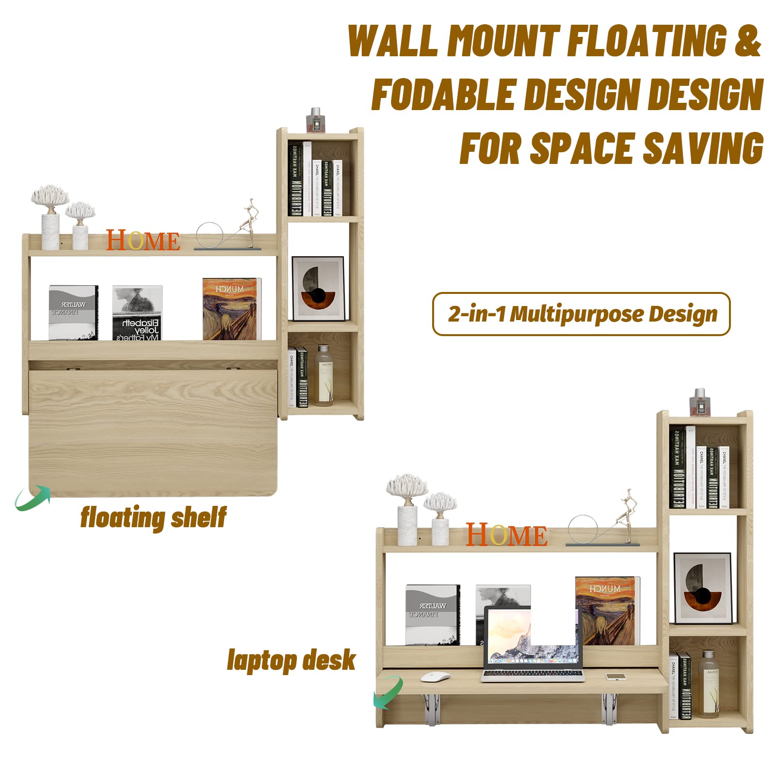 Light Oak Plywood Floating Fold Down Wall Desk With Storage Shelf #shelf_right