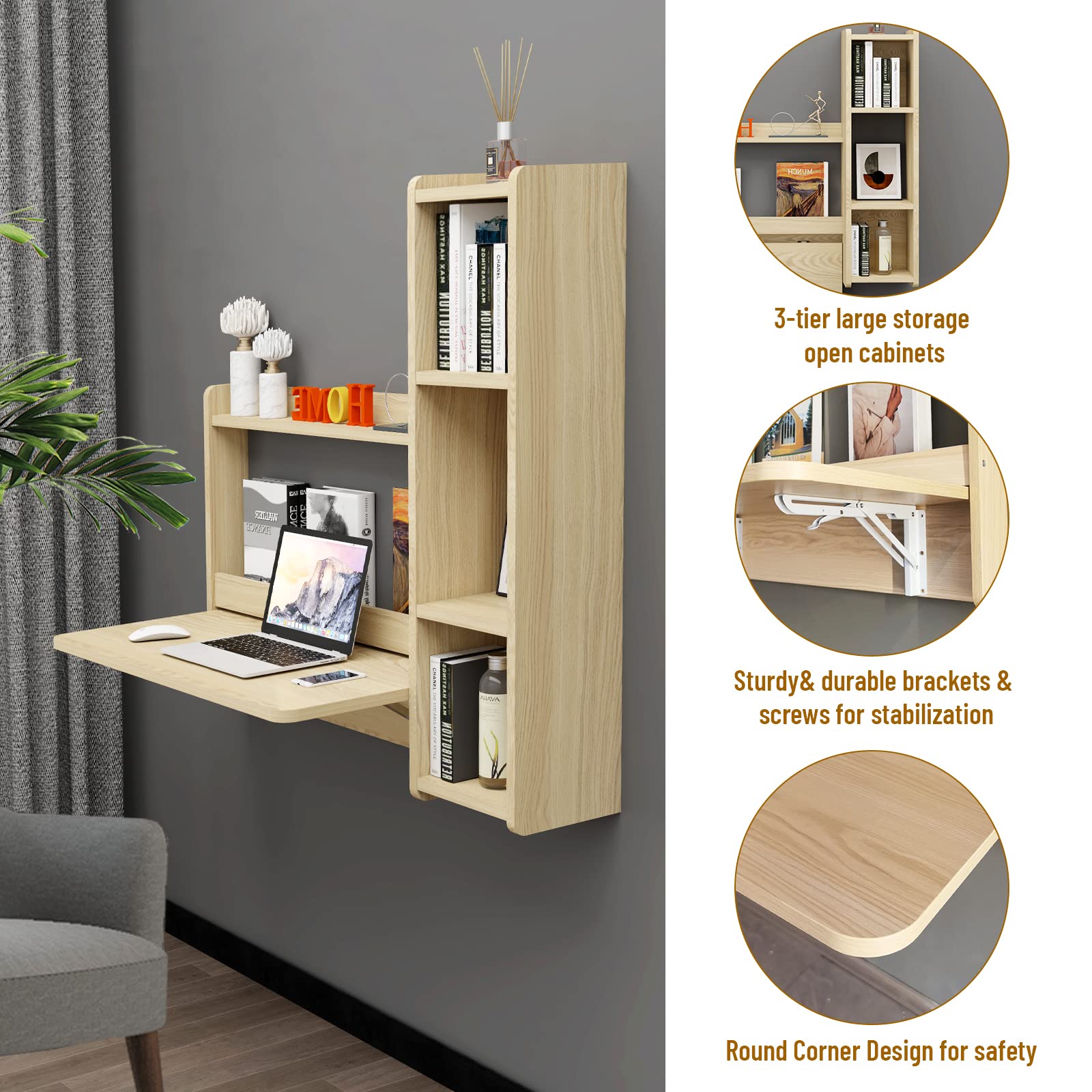 Light Oak Plywood Floating Fold Down Wall Desk With Storage Shelf #shelf_right