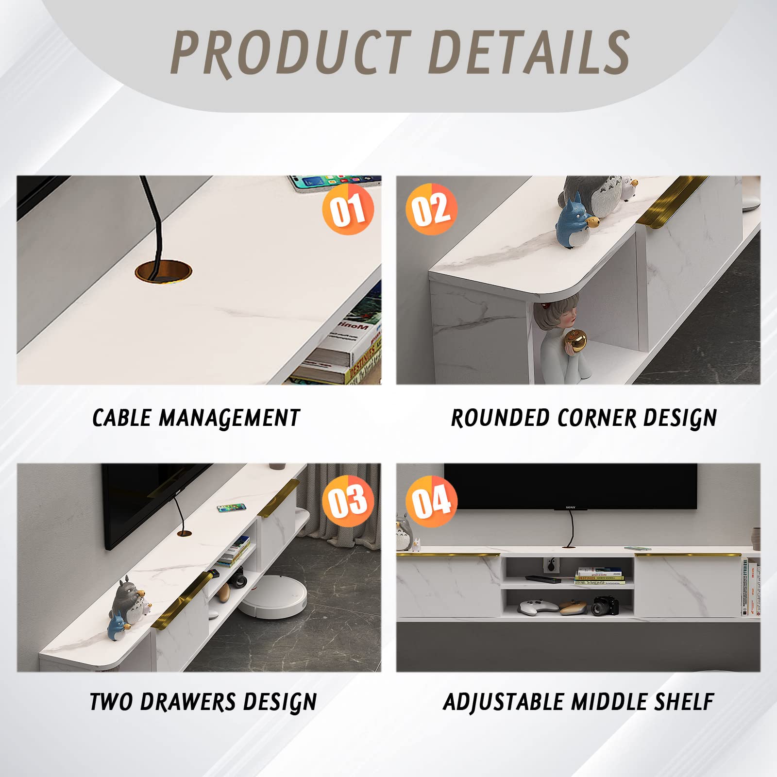 Modern Floating TV Stand with Storage Drawers and Shelves #color_pietra white