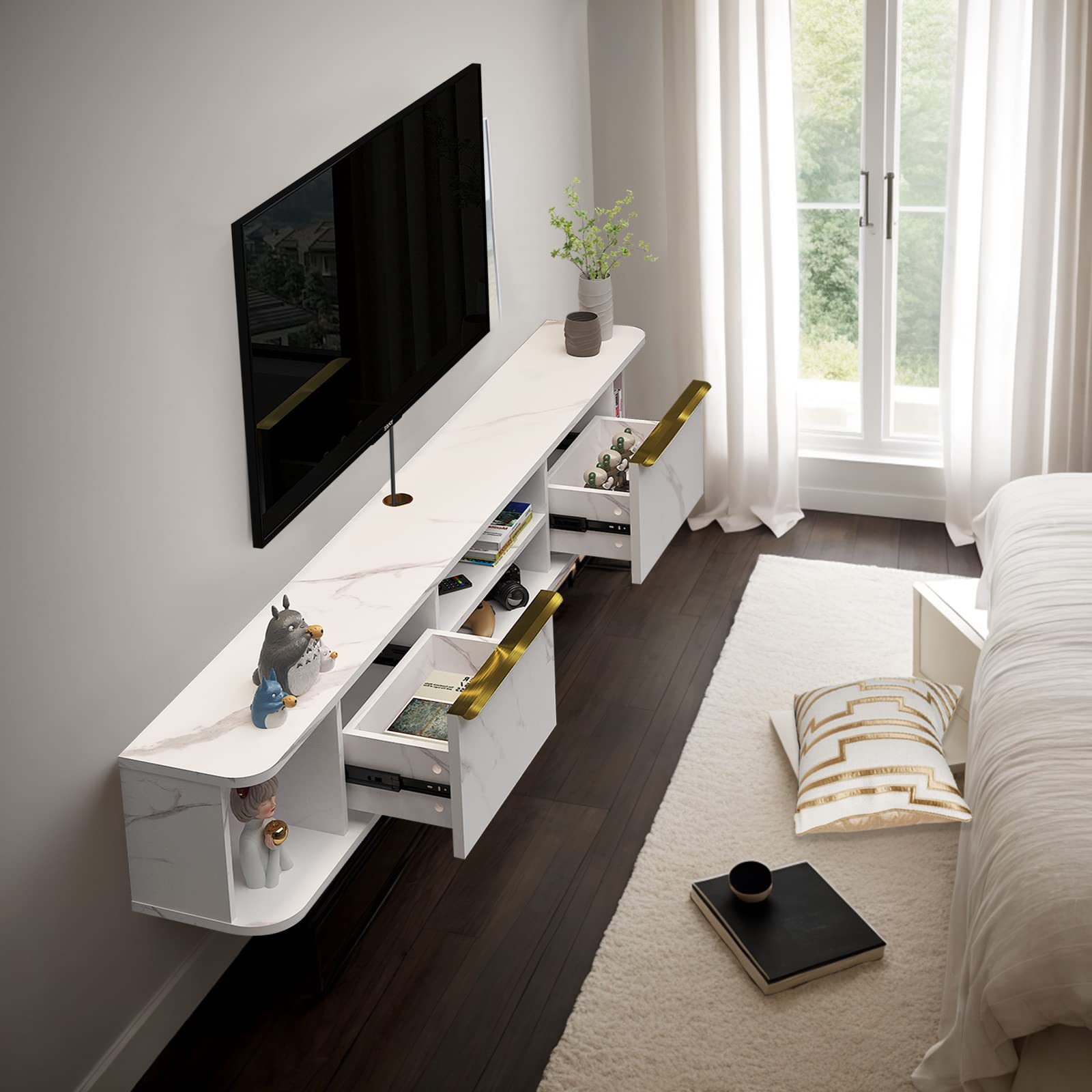 Modern Floating TV Stand with Storage Drawers and Shelves #color_pietra white