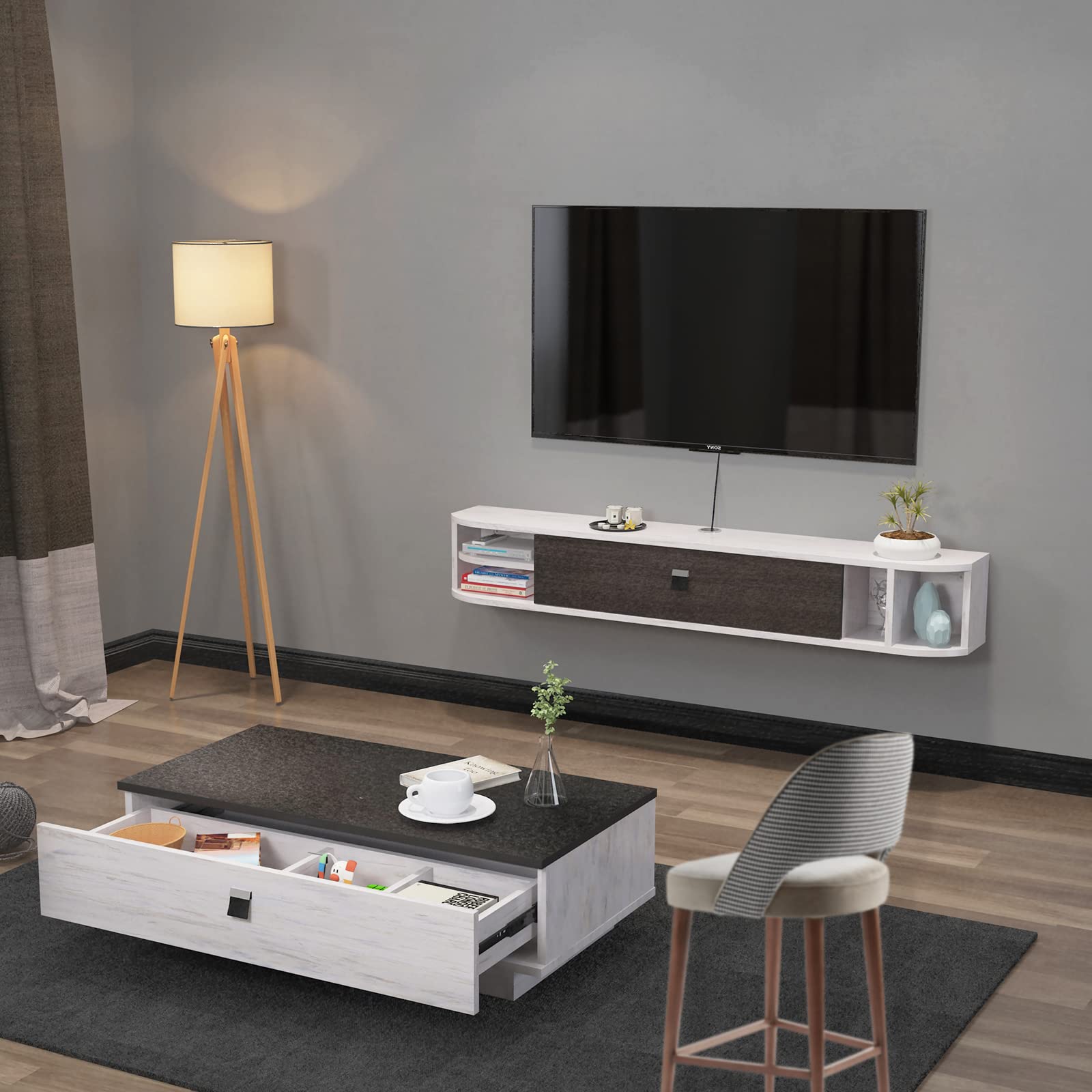 Plywood Wall Mounted Floating Media Cabinet TV Stand with Open Shelves and Door Storage #color_greyish white